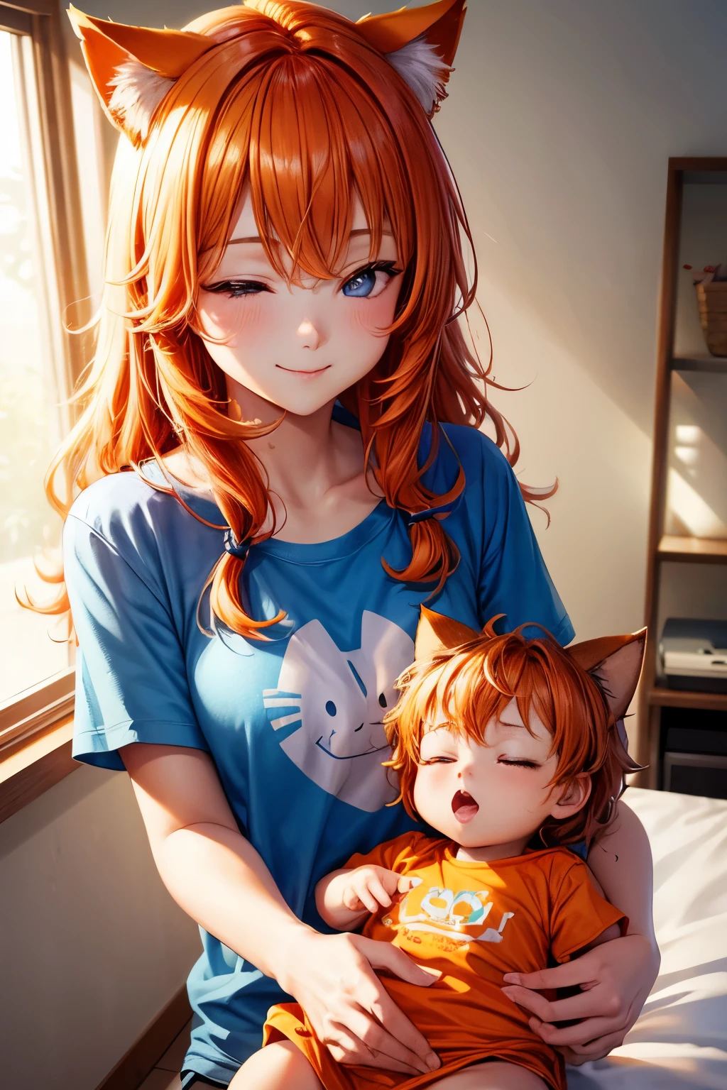 Best Quality, High Resolution, Perfect Human Structure, Focus On Background, Front View, Baby, , Bedroom, Sleepy, Bed, Orange Hair, Shining Hair, Cat Ear, Living, Heart Shape Pupils, Wavy Hair, Shiny Hair, Smiling, T-shirt, Beautiful,