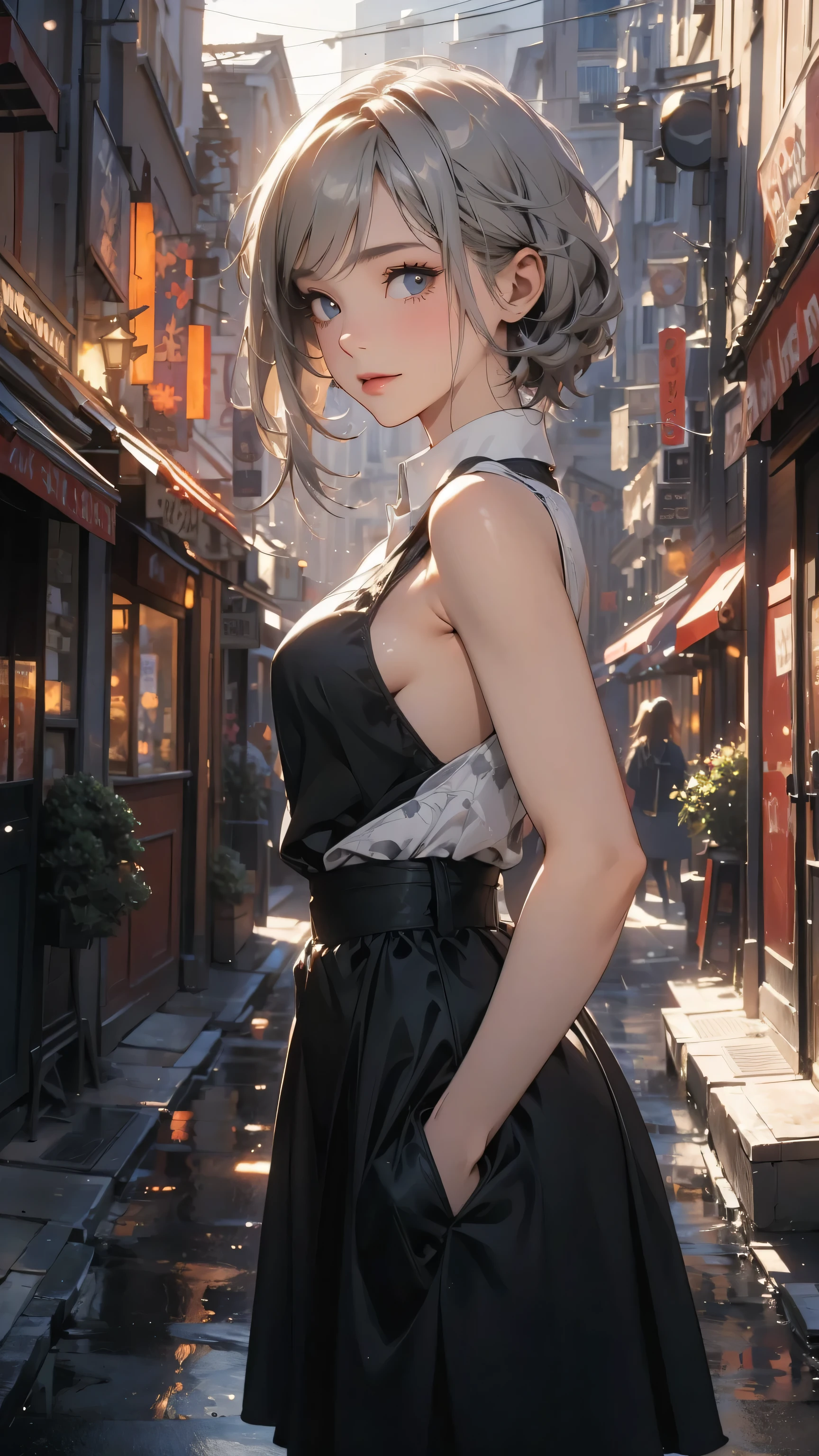 (Highly detailed CG unit 8k wallpaper, masterpiece, High resolution, highest quality, natural skin texture), Composition from head to stomach:1.5, (20 year old woman, Hands in pockets pose:1.3, smile, detailed eyes, gradient eyes), (Stalgic Fashion, detailed costume, sleeveless shirt, low rise, Asymmetrical short hair:1.2, ash gray hair), (Backstreets of Paris:1.3, Colourful flower beds along the road, cinematic lighting), high contrast, hyper realistic, digital painting, concept art,