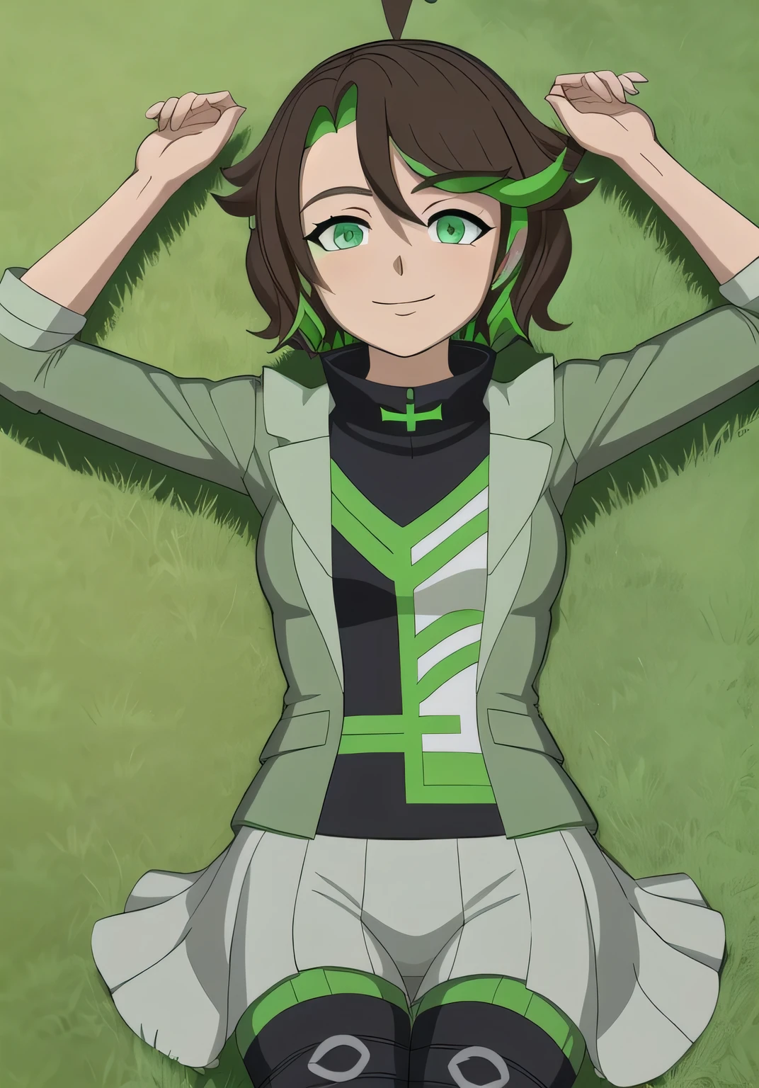 masterpiece, best quality, (Jessica_Cruz_rwby), (green eyes), (1girl), (green eyes), solo, spread arms, lying, on back, on grass, arms up, looking at viewer, solo, in the center, cowboy shot, high quality, smile, closed mouth,