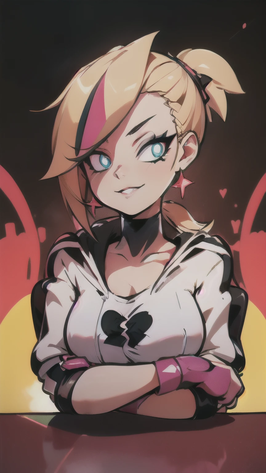 (best quality:1.2),solo,1girl,mdrin,smile,looking at viewer,crossed arms,ponytail,v-shaped eyebrows,white jacket,red shirt,fingerless gloves,black skirt,choker,illustration,detailed background,soft lighting,vibrant colors,fantasy style,blurred foreground,flower garden,subtle shadows,daytime ambiance,lens flare,expressive eyes,lively atmosphere,joyful expression,impeccable makeup,glossy lips,twinkling eyes,sunlit scene,whimsical feeling, ultra long hair