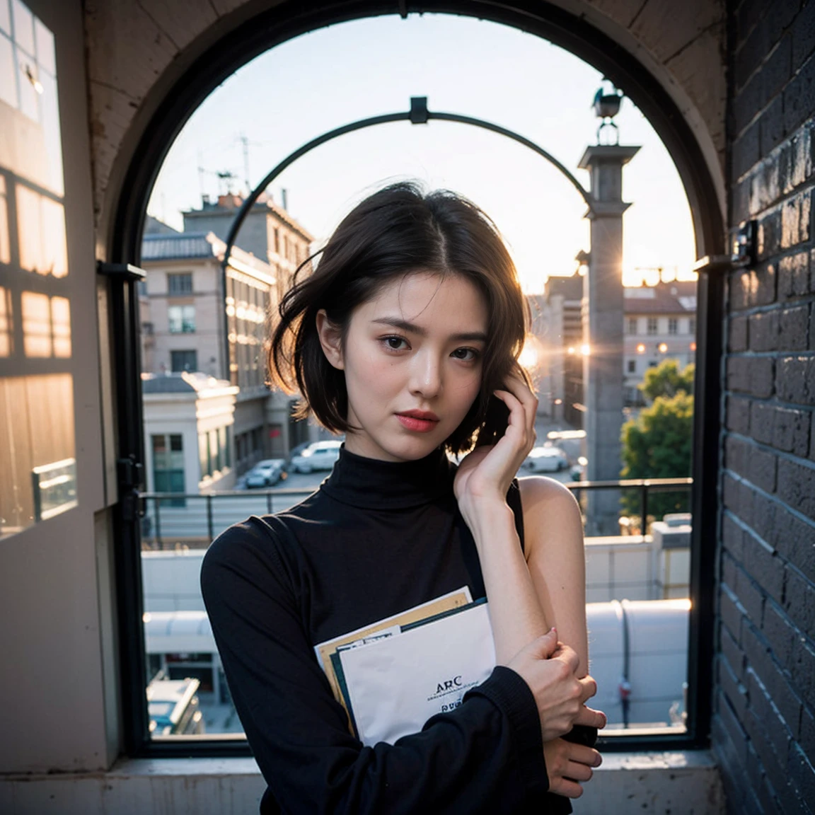 Beautiful french Female , arc de tromphe, short hair
