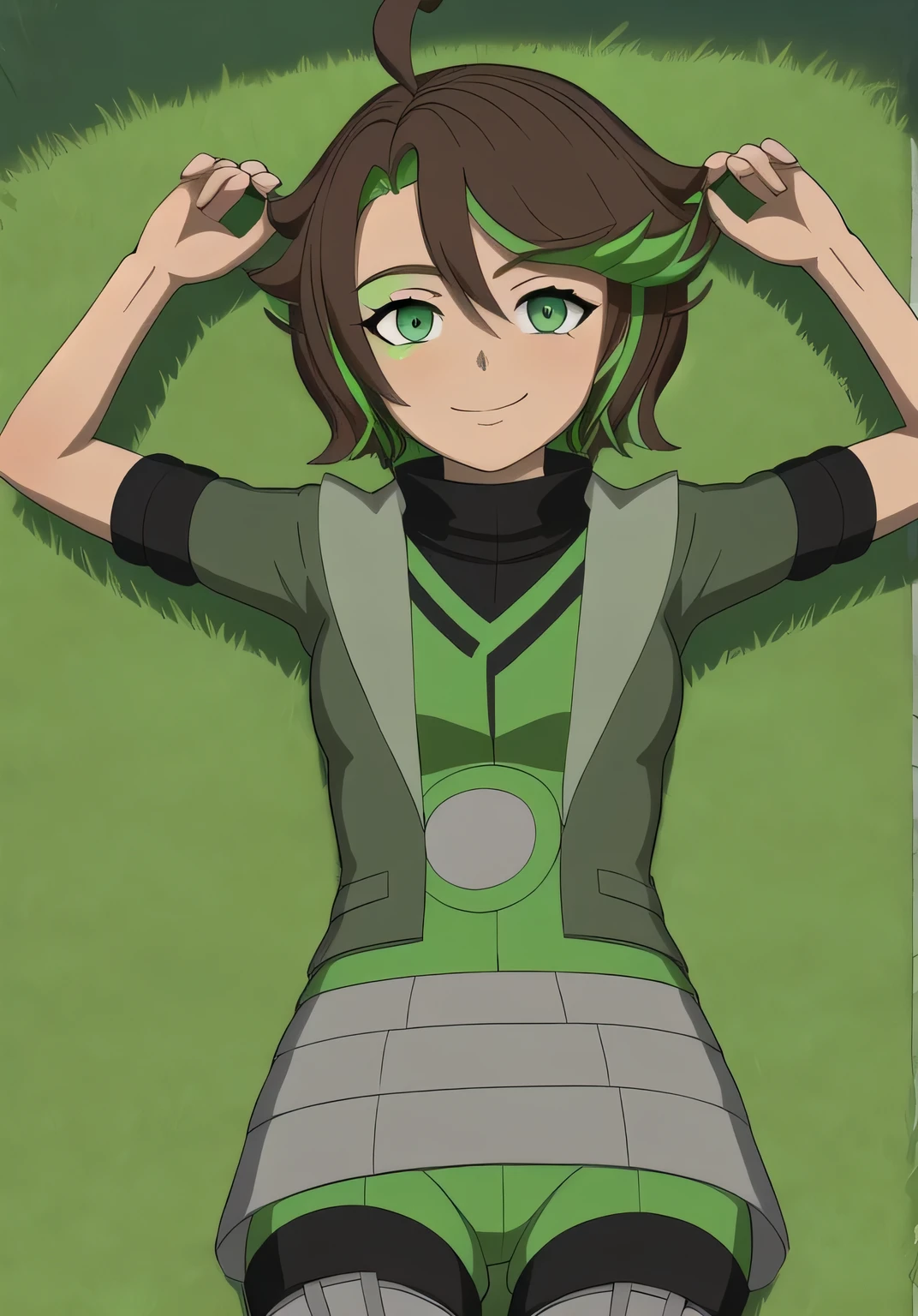 masterpiece, best quality, (Jessica_Cruz_rwby), (green eyes), (1girl), (green eyes), solo, spread arms, lying, on back, on grass, arms up, looking at viewer, solo, in the center, cowboy shot, high quality, smile, closed mouth,