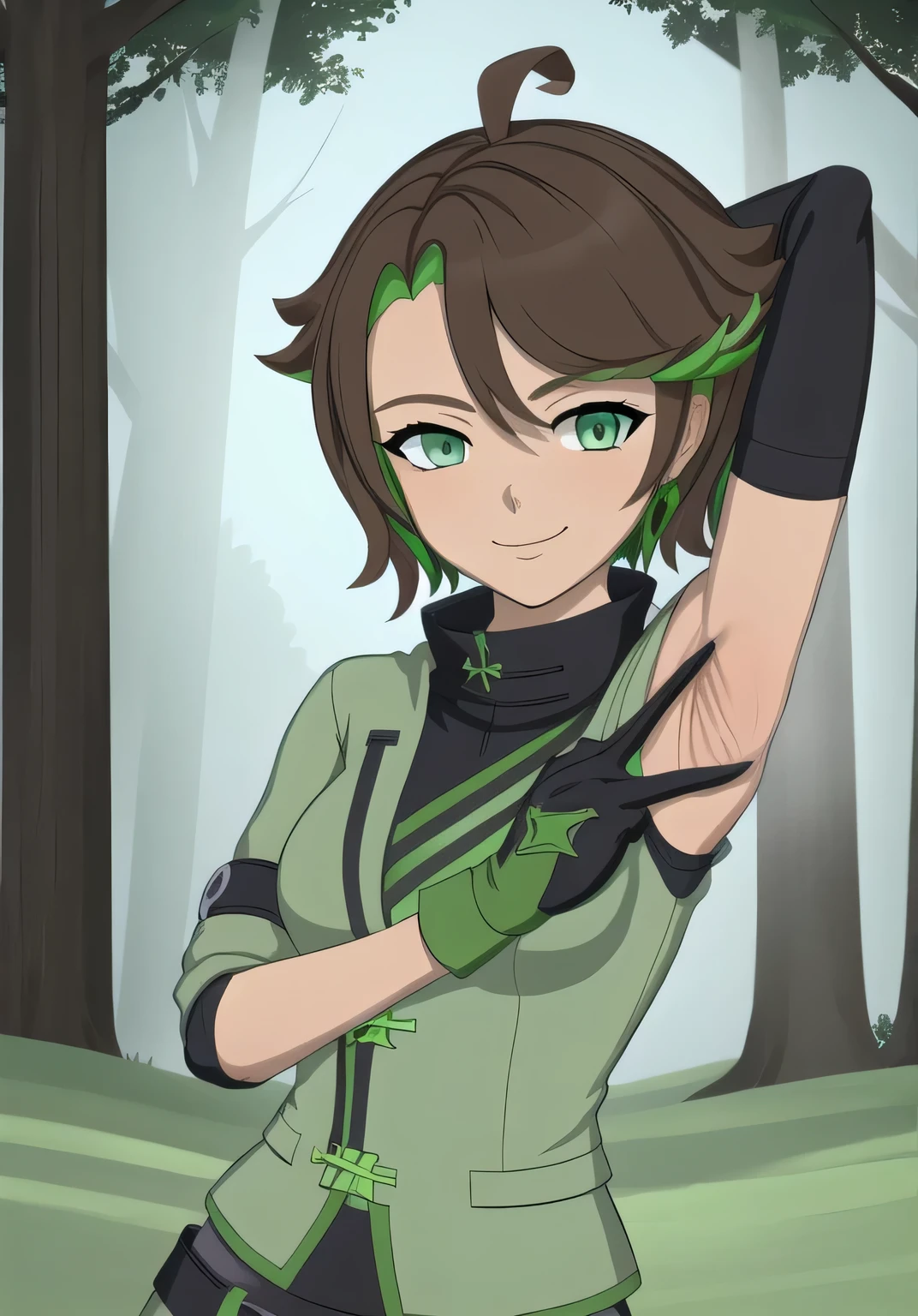 masterpiece, best quality, (Jessica_Cruz_rwby), (green eyes),  (1girl), (green eyes), solo, night sky, forest, arms behind head, contrapposto, spread armpits, closed mouth, looking at viewer, dynamic pose, smile, upper body,