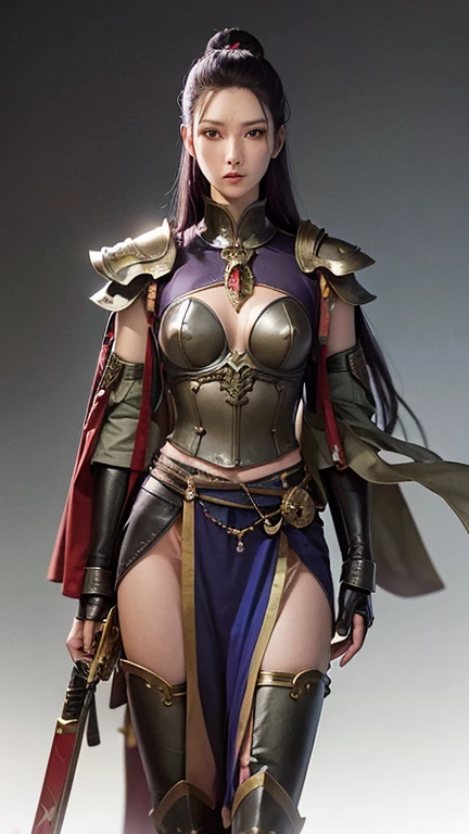 (Masterpiece), (top quality from head to toe), Japanese female, 20 years old, beautiful long light purple hair, feminine and slender fantastic body armor, shiny white body armor partially destroyed, (multiple medium to large holes), (bare skin visible through destroyed and pierced holes, wound through body armor). (holes in body armor), (holes in body armor), (no helmet worn), Japanese long sword broken in the middle with the broken blade stuck in the bottom, (holes in body armor), confined in a small room, well-dressed face, model-like style,