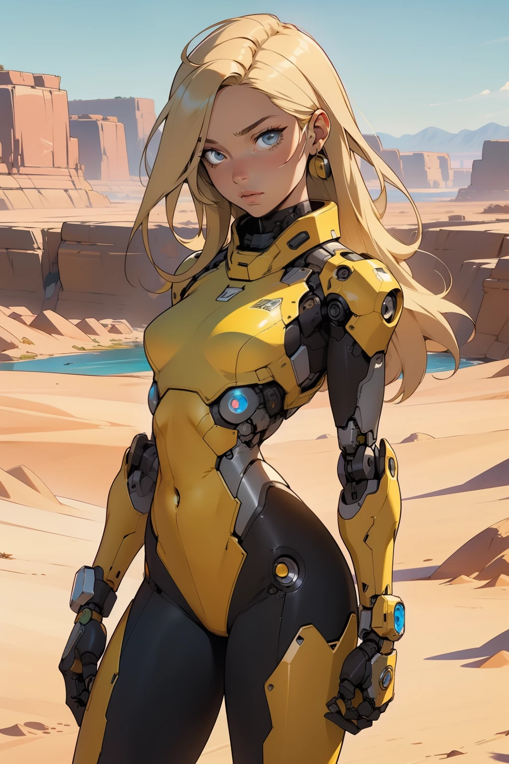 high quality, 4k, masterpiece, beautiful, cyborg girl, cowboy shot, dull eyes, front, looking at viewer, long blonde hair, girl, small breasts, fit thighs, robotic arms, robotic body, cyborg body, yellow uniform, red accent, intricate detail, joint, detailed lines, robotic detail, holding fist up, holding hand up as fist, color robotic parts, robotic parts with color, perfect fingers, on a desert planet, sunny background, colorful desert, a river or a lake in the background