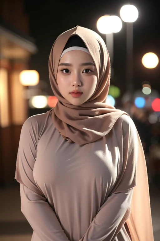 A masterpiece, a 22 years old malay woman, wearing hijab but naked, narrow waist, soft lighting, round big breast, (open breasts), smirky face, (chubby), looking at the viewer. (Skin details:1.3), harden nipples, part lips, modern hijab, seductive with bokeh camera background