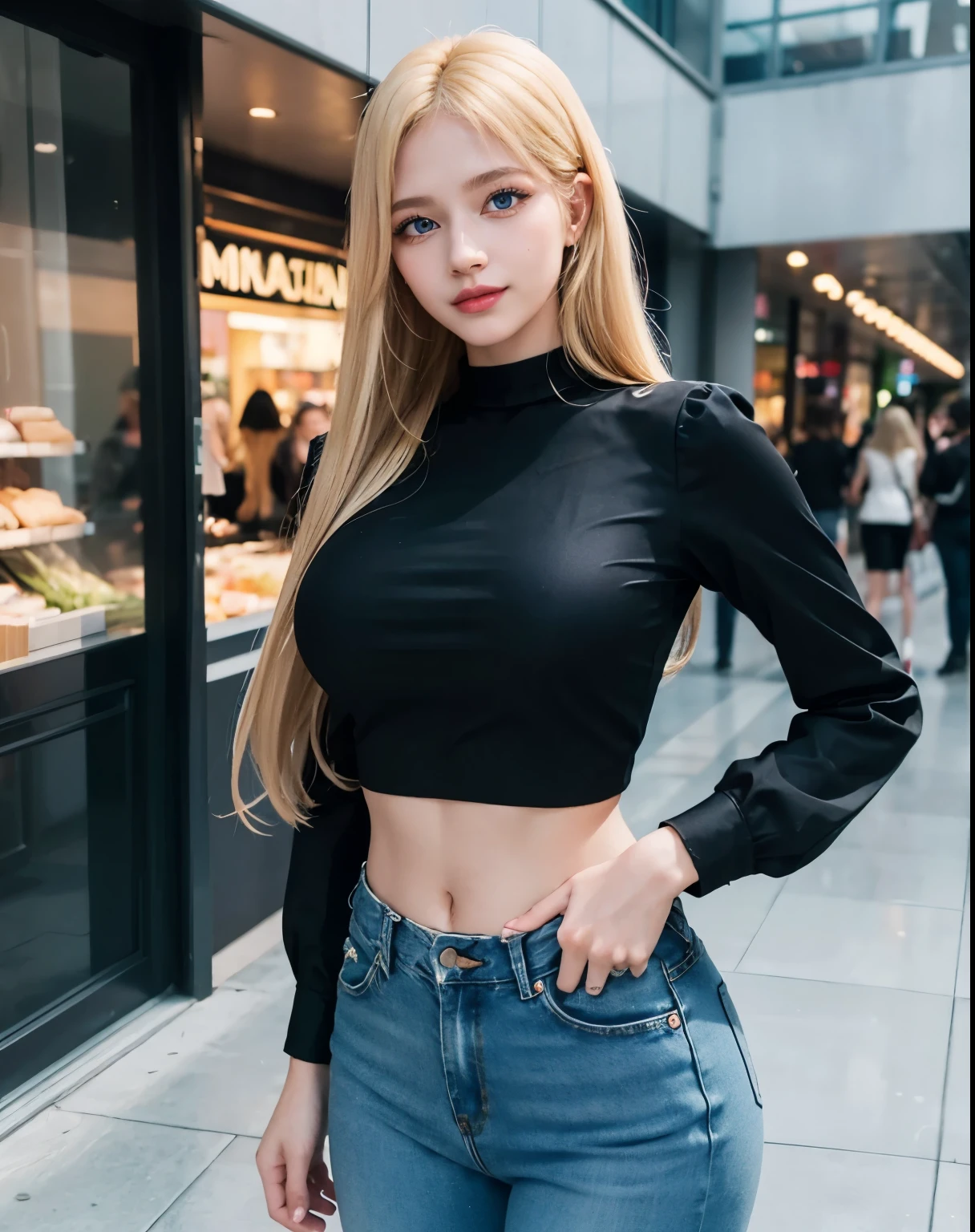 1girl, (Blue Eyes), (smiling :1.2), (Sana Minatozaki), (beautiful makeup :1.2), wide hips, Big tits, big ass, (long eyelashes :1.2), (Best Quality, 8k, Masterpiece: 1.3), Clear Focus: 1.2, Perfect Body Beauty: 1.4, strong abs, Highly detailed face and skin texture, detailed eyes, double eyelids, (blond long straight hair :1.3), (black blouse :1.2), (jeans), standing, dynamic pose, in a shopping center, shops in the background