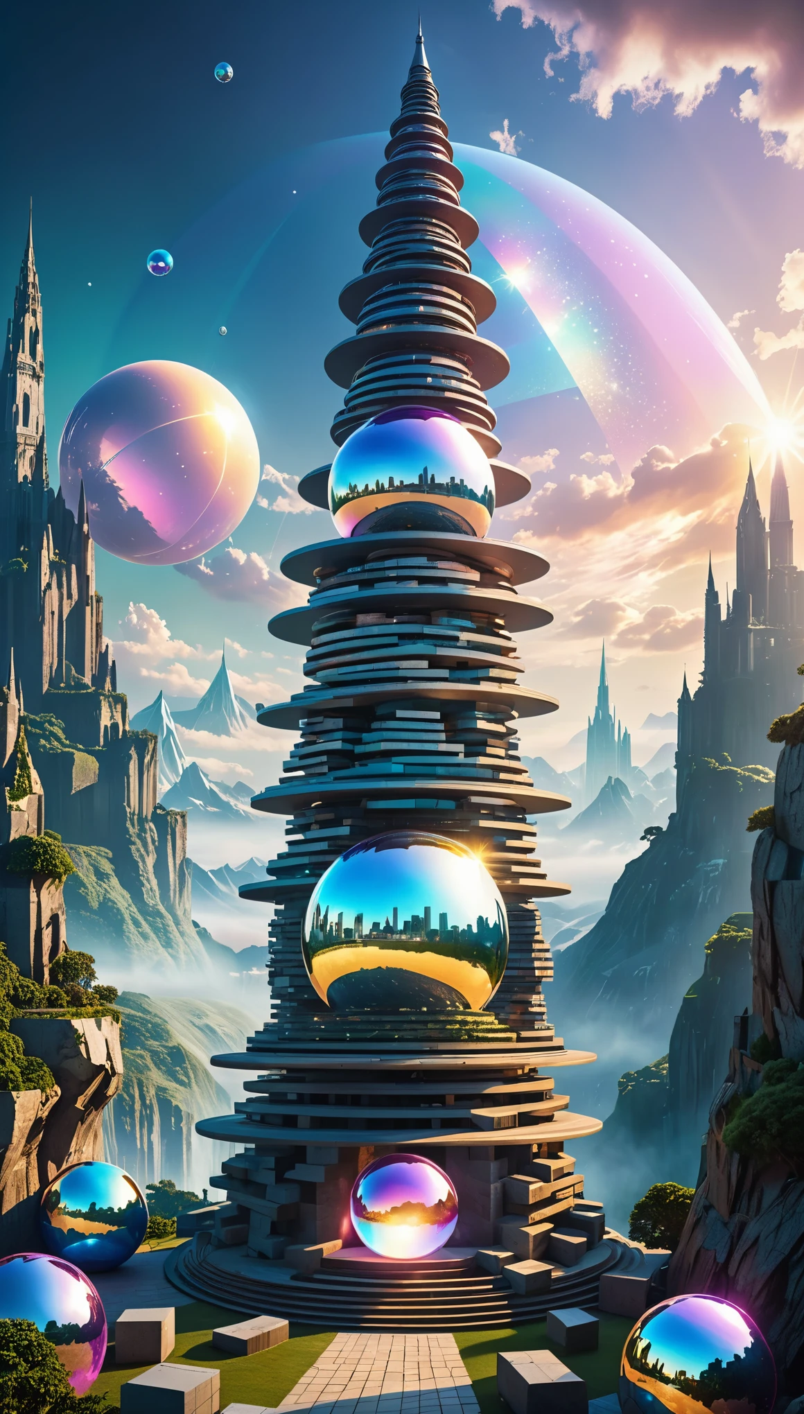 best quality, super fine, 16k, RAW photo, photorealistic, incredibly absurdres, extremely detailed, tower made of many giant geometrically shaped blocks stacked on top of each other, translucent iridescent sphere that shines in the center, fantasy world image, fantastic and mysterious