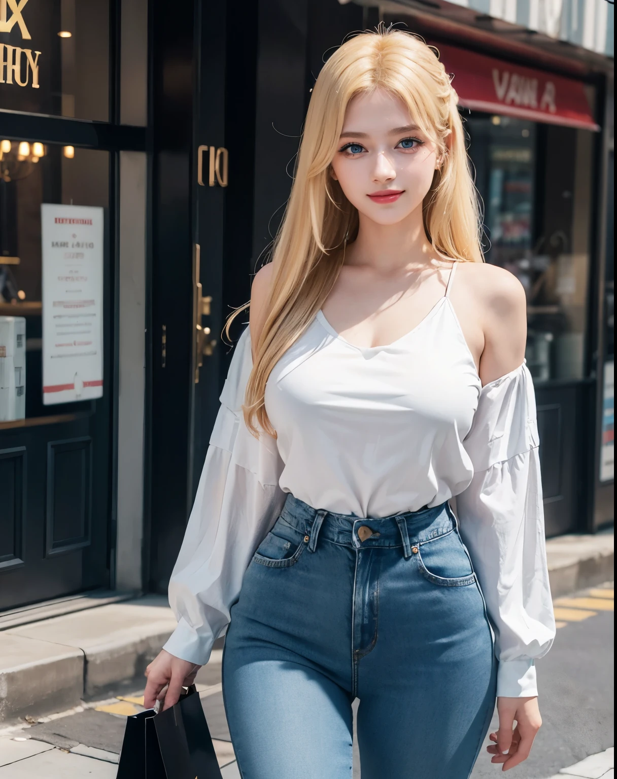 1girl, (Blue Eyes), (smiling :1.2), (Sana Minatozaki), (beautiful makeup :1.2), wide hips, Big tits, big ass, (long eyelashes :1.2), (Best Quality, 8k, Masterpiece: 1.3), Clear Focus: 1.2, Perfect Body Beauty: 1.4, strong abs, Highly detailed face and skin texture, detailed eyes, double eyelids, (blond long straight hair :1.3), (black blouse :1.2), (jeans), standing, dynamic pose, in a shopping center, shops in the background