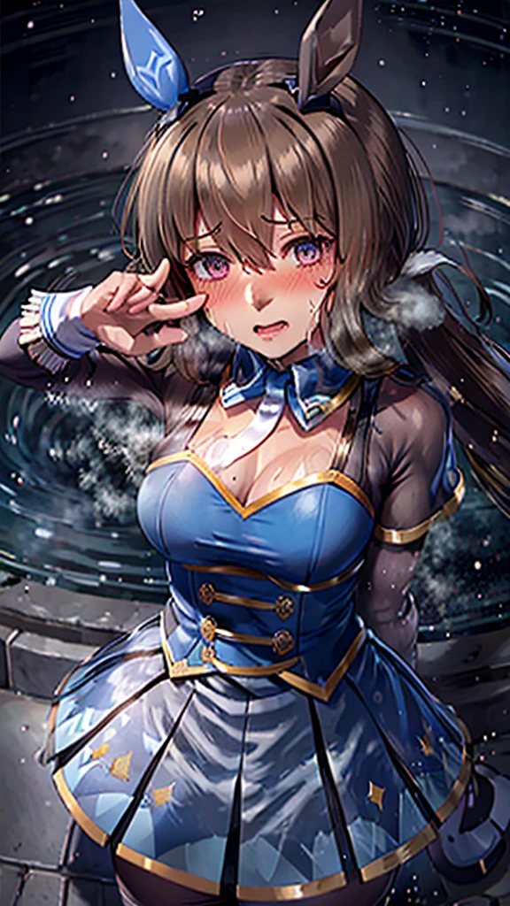 hair ornament, white dress, blue bowtie, cleavage cutout, blue ribbon, arm ribbon, short dress, white gloves, (masterpiece:1.3), (High resolution), (8K), (very detailed), (4k), (pixiv), perfect face, beautiful eyes and face, (最high quality), (Super detailed), detailed face and eyes, black pantyhose,pubic hair,黄色いPeeを漏らす裸の女の子,1 girl,alone,spread your legs, embarrassing, blush,黄色いPee, (sweating:1.4),spread your legs,1 girl, (alone), rough skin, confused, High resolution, use_fast_no_frozen_style, use_fast_no_frozen_style, twin tails, very long hair, high quality, 1 girl, nude, Pee, squat, touch the vagina