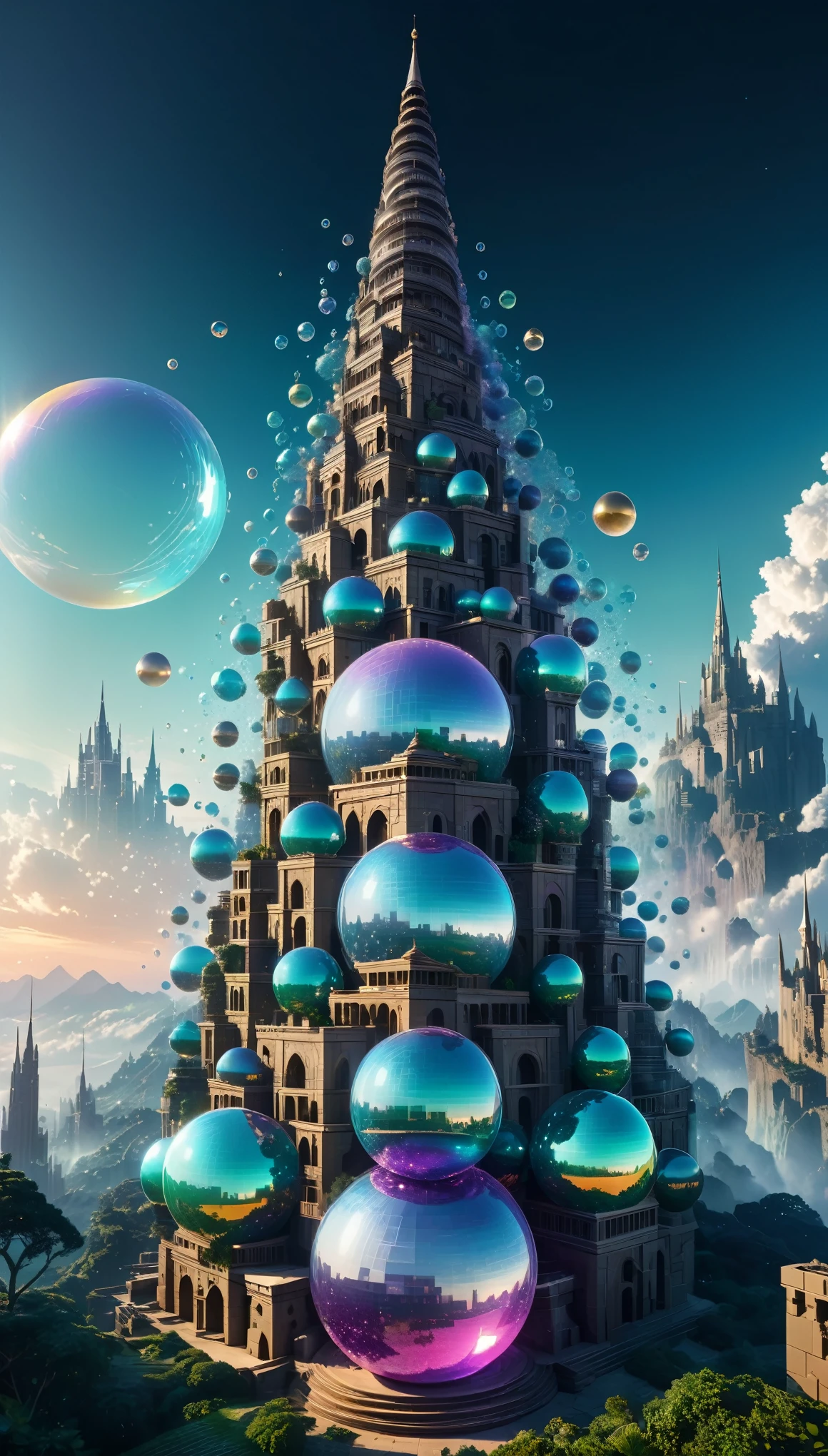 best quality, super fine, 16k, RAW photo, photorealistic, incredibly absurdres, extremely detailed, tower made of many giant geometrically shaped blocks stacked on top of each other, translucent iridescent sphere that shines in the center, fantasy world image, fantastic and mysterious