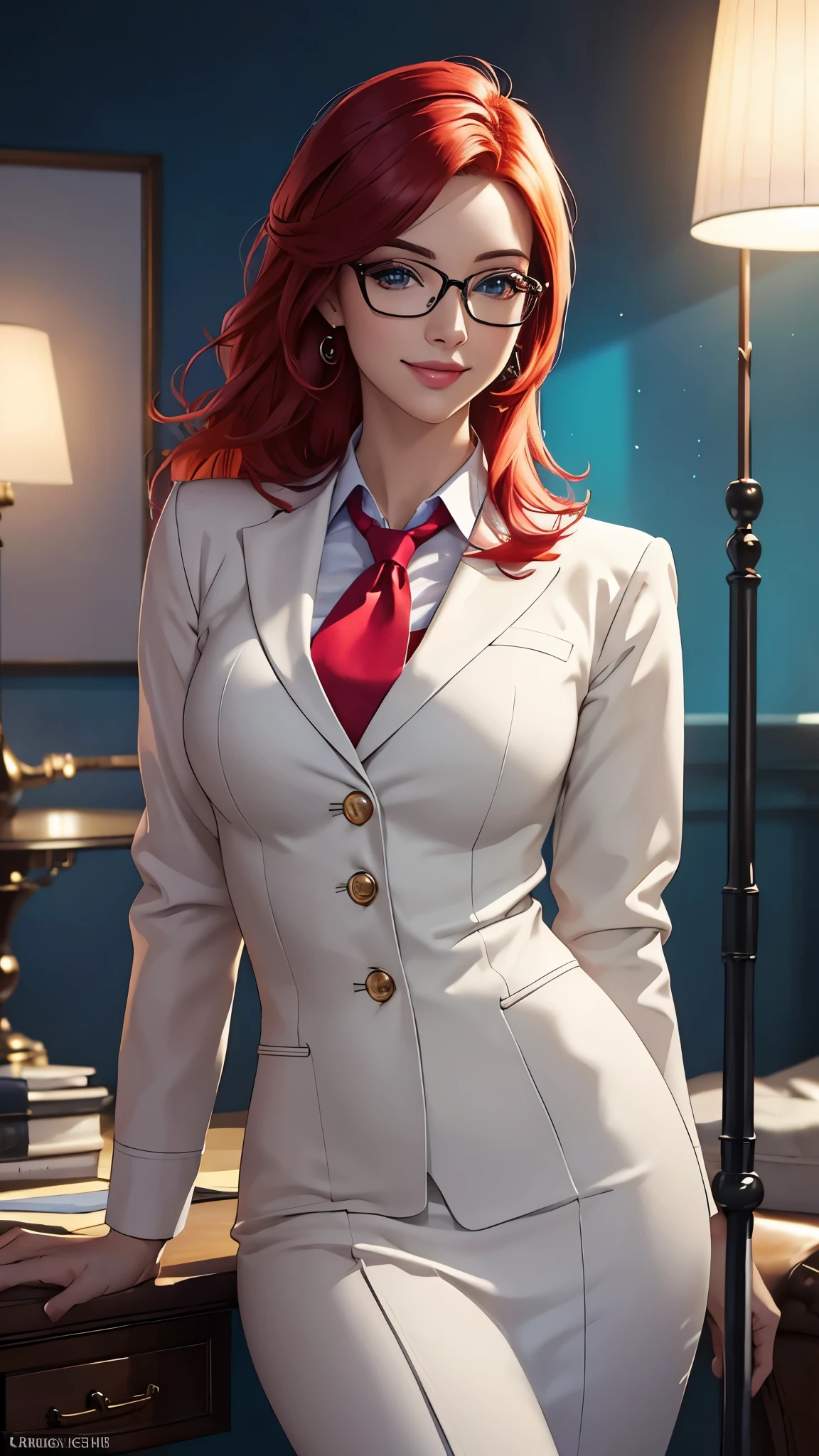 (best quality,ultra-detailed,photo-realistic:1.37),bright and vibrant colors,studio lighting,playful expression,stylish makeup,glasses, Business Suit,Red hair flowing in the wind,alluring eyes,glossy lips,sexy pose, smiling in a confident and seductive way,posing for a professional photoshoot,shallow depth of field,highlighting the main subject,soft natural lighting,creating a dreamy and magical atmosphere.