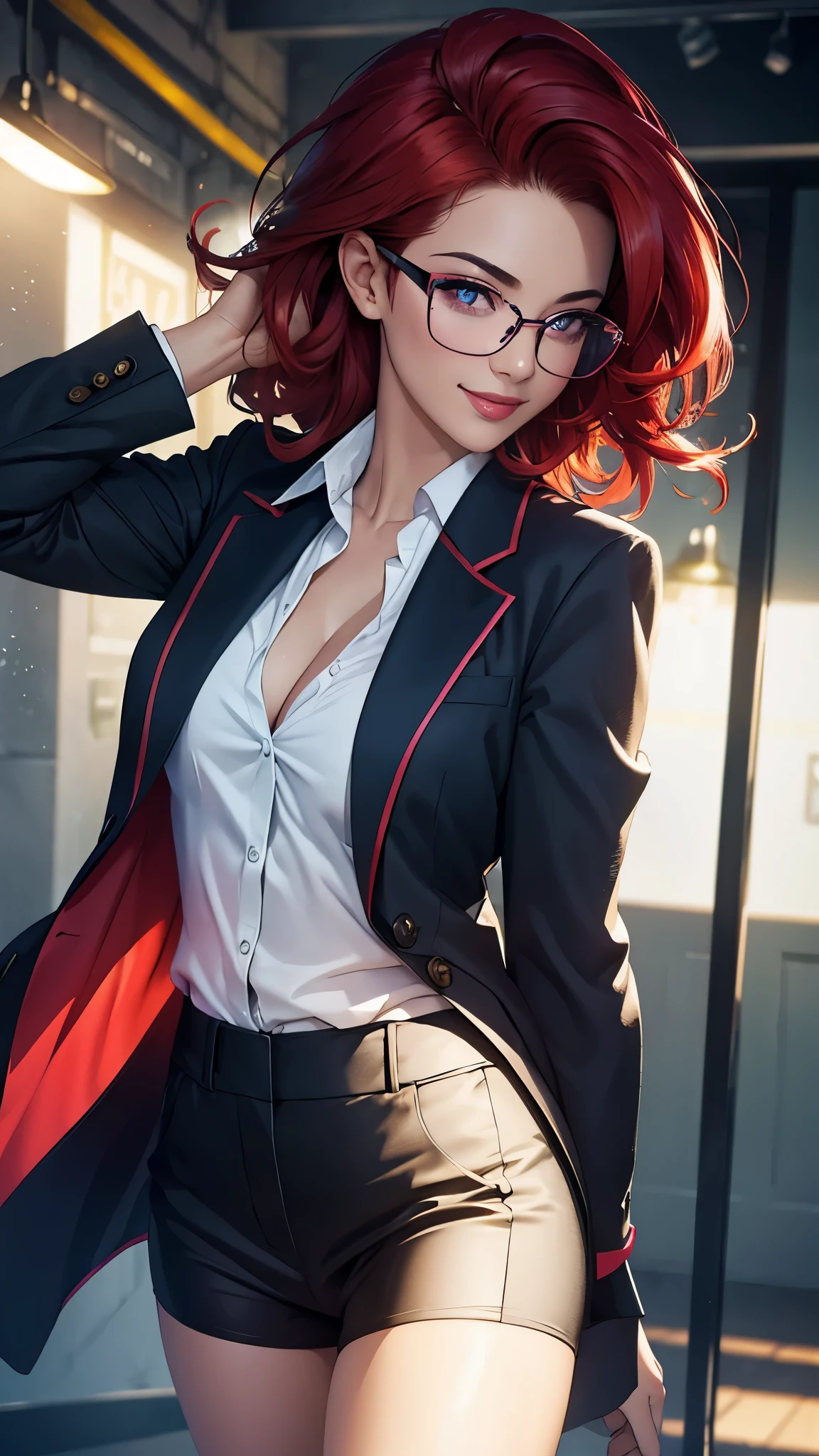(best quality,ultra-detailed,photo-realistic:1.37),bright and vibrant colors,studio lighting,playful expression,stylish makeup,glasses, Business Suit,Red hair flowing in the wind,alluring eyes,glossy lips,sexy pose, smiling in a confident and seductive way,posing for a professional photoshoot,shallow depth of field,highlighting the main subject,soft natural lighting,creating a dreamy and magical atmosphere.