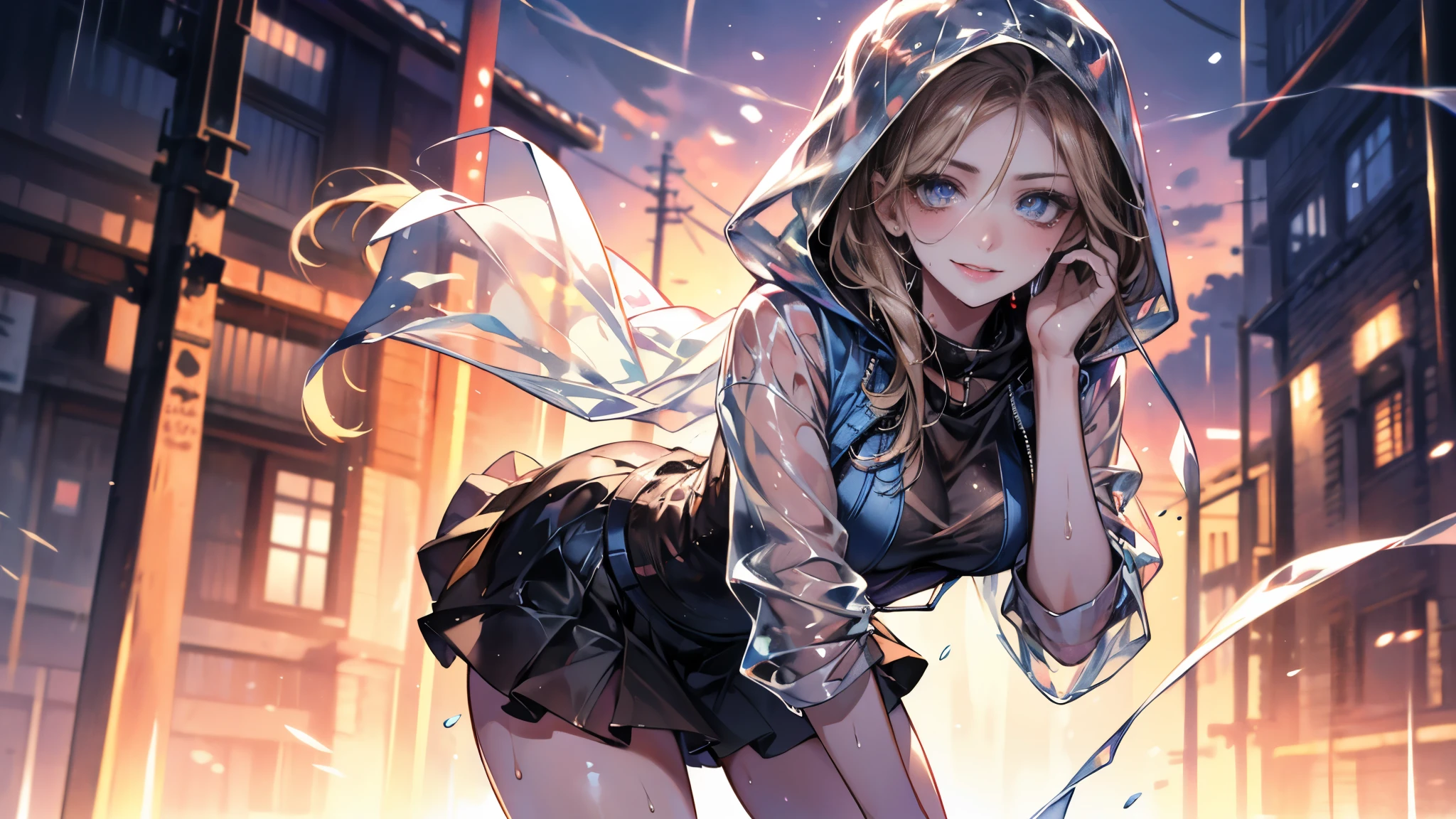 (Best quality, 8K, Masterpiece:1.3, 1 girl, solo, Beautiful girl), cute, Dynamism, Detailed face, Detailed skin, detailed clothes, Detailed eyes, Detailed lips, Detailed tongue, Detailed fingers, Detailed mouth, Photorealistic, Raw photo, highres, hight resolution, Natural lighting, dynamic pose, perfect anatomy, toned legs, double eyelids, tear bags, round eyes, moist lips, sweaty, ecstatic face, (see-through clear clothes), see-through clear shirt, see-through clear Raincoat, plastic raincoat, hood up, hooded raincoat, looking at viewer, detailed pupil, (rainbow pupil), smile, sheer, sheer wet, outdoor, after rain, sky, art, watercolor background, wavy long hair, skirt lift