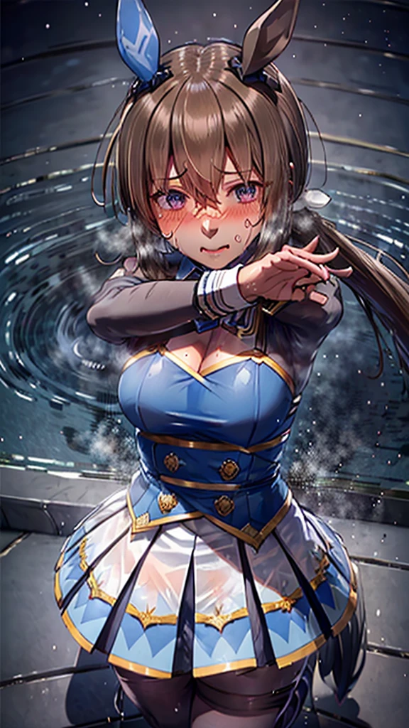 hair ornament, white dress, blue bowtie, cleavage cutout, blue ribbon, arm ribbon, short dress, white gloves, (masterpiece:1.3), (High resolution), (8K), (very detailed), (4k), (pixiv), perfect face, beautiful eyes and face, (最high quality), (Super detailed), detailed face and eyes, black pantyhose,pubic hair,黄色いPeeを漏らす裸の***,1 girl,alone,spread your legs, embarrassing, blush,黄色いPee, (sweating:1.4),spread your legs,1 girl, (alone), rough skin, confused, High resolution, use_fast_no_frozen_style, use_fast_no_frozen_style, twin tails, very long hair, high quality, 1 girl, nude, Pee, squat, touch the vagina