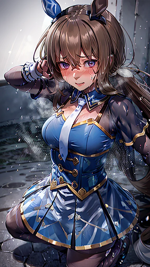 hair ornament, white dress, blue bowtie, cleavage cutout, blue ribbon, arm ribbon, short dress, white gloves, (masterpiece:1.3), (High resolution), (8K), (very detailed), (4k), (pixiv), perfect face, beautiful eyes and face, (最high quality), (Super detailed), detailed face and eyes, black pantyhose,pubic hair,黄色いPeeを漏らす裸の***,1 girl,alone,spread your legs, embarrassing, blush,黄色いPee, (sweating:1.4),spread your legs,1 girl, (alone), rough skin, confused, High resolution, use_fast_no_frozen_style, use_fast_no_frozen_style, twin tails, very long hair, high quality, 1 girl, nude, Pee, squat, touch the vagina