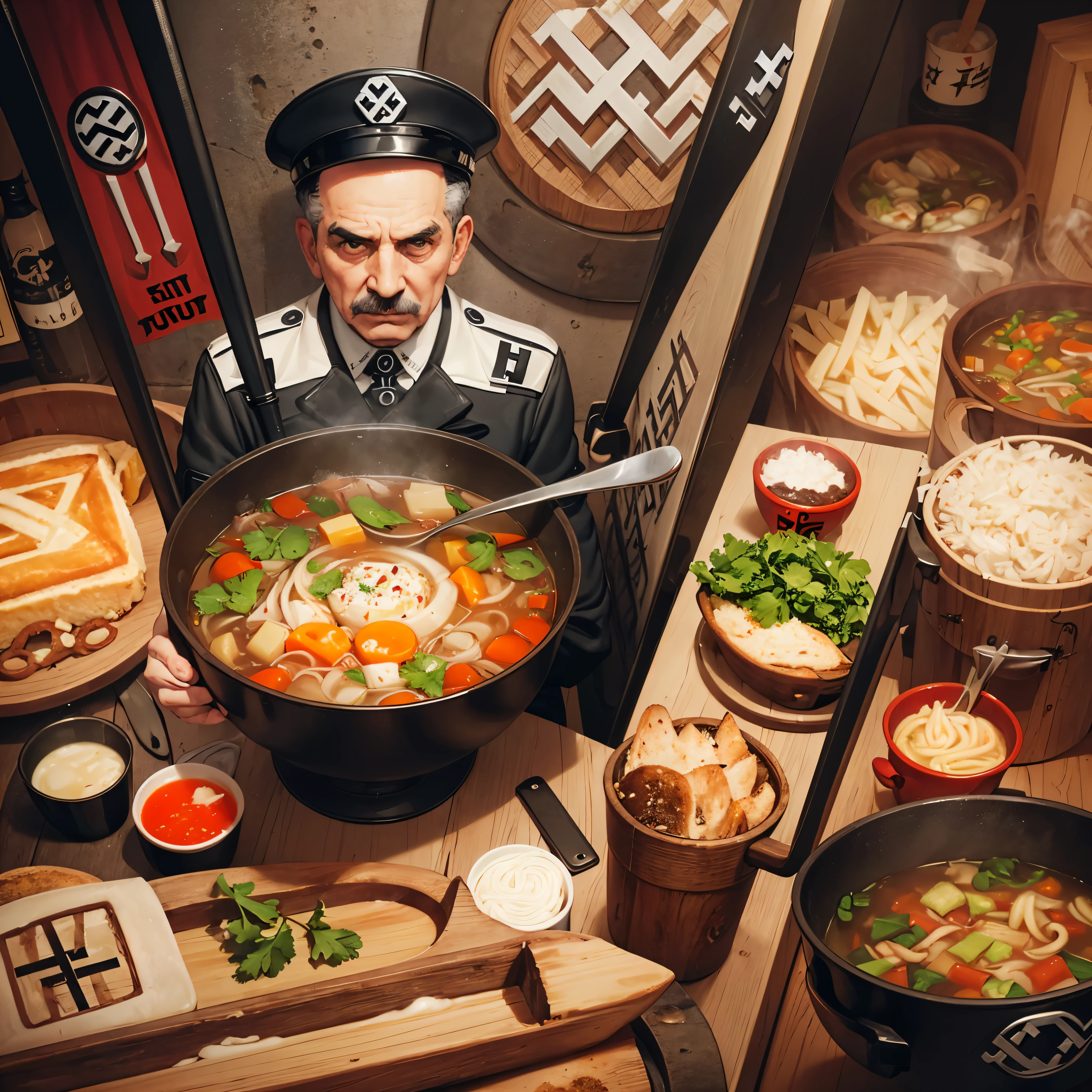 Soup , sup , SS soup , ((soup with symbols)) , fascist soup , Noodle soup makes a German greeting , swastika in soup , (Nazi soup) , (((Nazis in soup)))