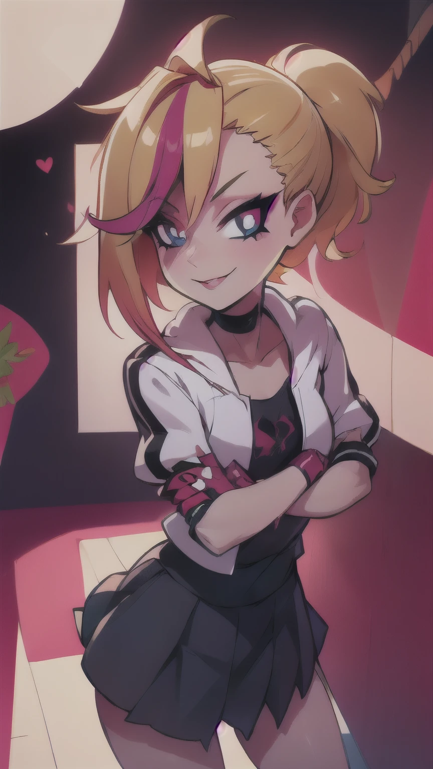 (best quality:1.2),solo,1girl,mdrin,smile,looking at viewer,crossed arms,ponytail,v-shaped eyebrows,white jacket,red shirt,fingerless gloves,black skirt,choker,illustration,detailed background,soft lighting,vibrant colors,fantasy style,blurred foreground,flower garden,subtle shadows,daytime ambiance,lens flare,expressive eyes,lively atmosphere,joyful expression,impeccable makeup,glossy lips,twinkling eyes,sunlit scene,whimsical feeling, ultra long hair