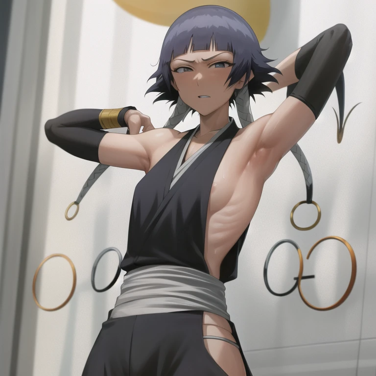 ( Anime screenshots:1.1),outdoor,
1 girl, alone, black hair, side breasts,permanent, short hair with long locks, Hip vents, short hair, small breasts, (white eyes:1.1),Also available in black, Not wearing, Gloves, japanese clothing,bare shoulders,low double braids,sash,Facing the audience, looking at the audience,mouth wide open,Tired from below, skinny, raise arms, (arms above head:1.5), (Show armpits:1.3), Sexy, Sweat