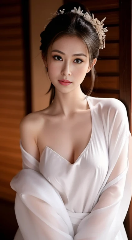 (best quality, 8K, 32k, masterpiece, ultra high definition:1.3),Japanese beauty photos, 1 girl, (Big breasts:1.2),(huge tits:1.2),(big breasts) abdominal muscles, Perfect body, (transparent shirt:1.1), Super detailed face, delicate lips, delicate eyes, double eyelids, kbaya_Bali