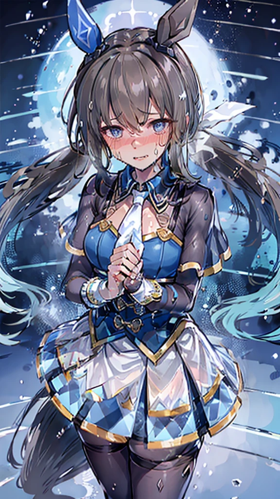 hair ornament, white dress, blue bowtie, cleavage cutout, blue ribbon, arm ribbon, short dress, white gloves, (masterpiece:1.3), (High resolution), (8K), (very detailed), (4k), (pixiv), perfect face, beautiful eyes and face, (最high quality), (Super detailed), detailed face and eyes, black pantyhose,pubic hair,黄色いPeeを漏らす裸の***,1 girl,alone,spread your legs, embarrassing, blush,黄色いPee, (sweating:1.4),spread your legs,1 girl, (alone), rough skin, confused, High resolution, use_fast_no_frozen_style, use_fast_no_frozen_style, twin tails, very long hair, high quality, 1 girl, nude, Pee, squat, touch the vagina