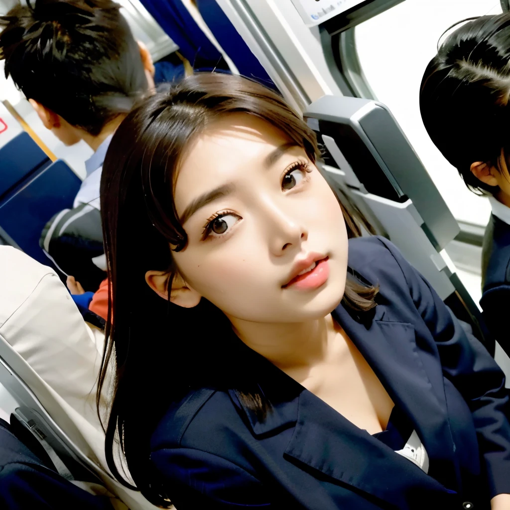 There is a woman sitting on a train with a man behind her - SeaArt AI