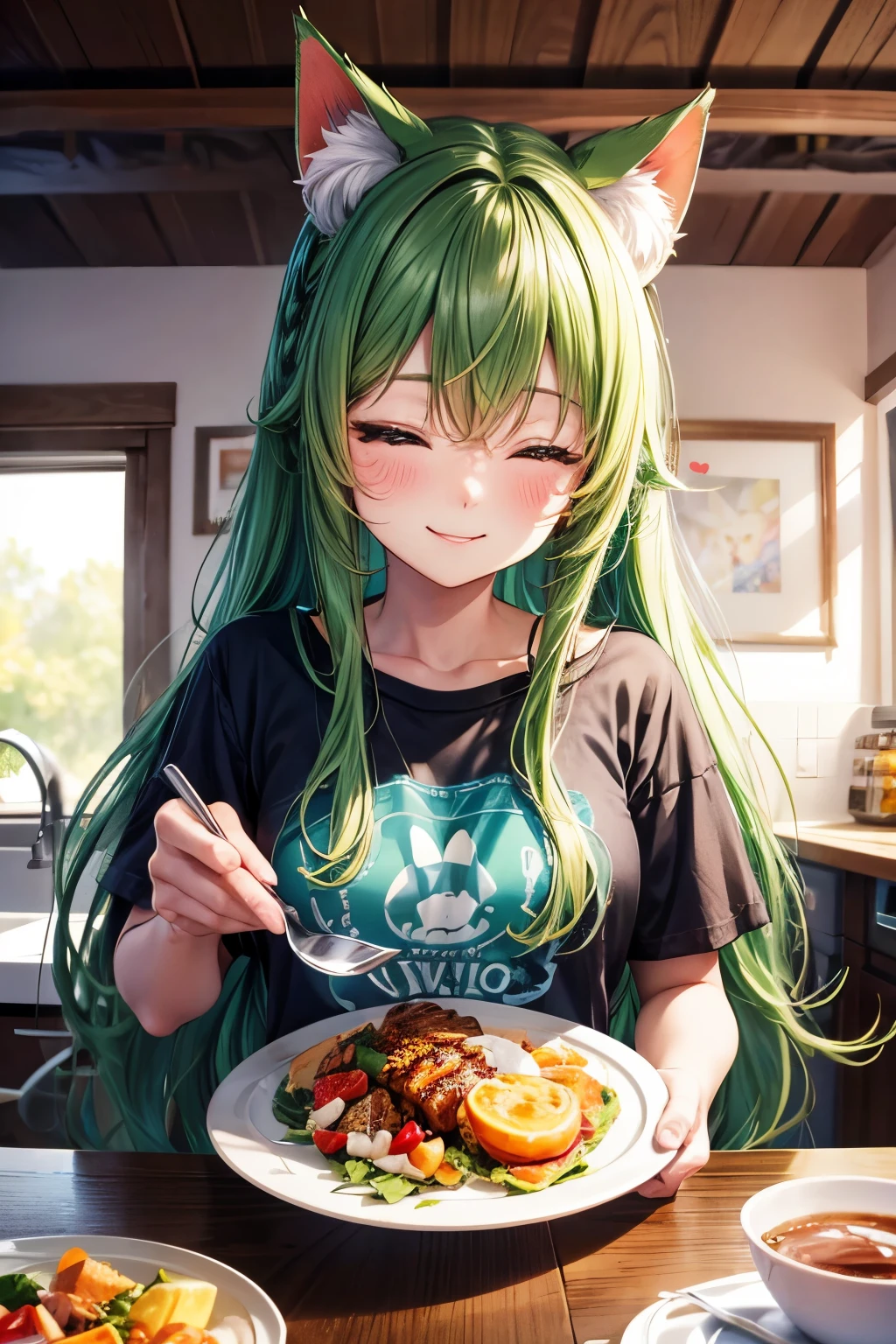 Best quality, high res, perfect human structure, focus on background, front view, , , sleepy, breakfast, kitchen, green hair, shiny hair, cat ears, heart shaped pupils, wavy hair, shiny hair, smiling, t shirt, beautiful,