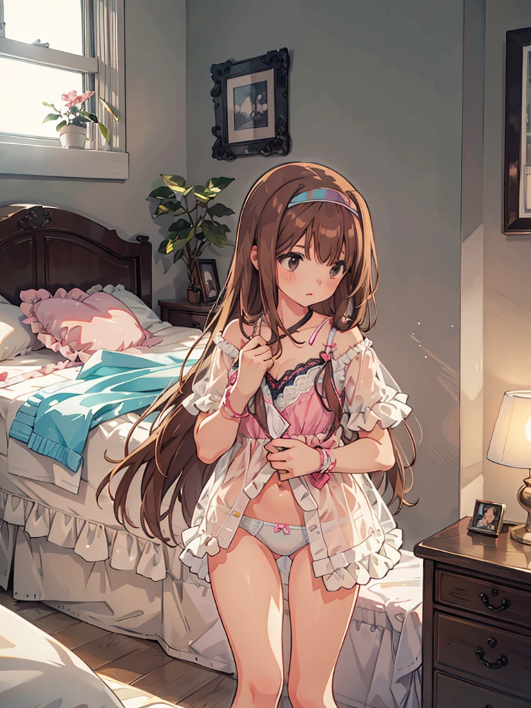 beautiful illustrations, highest quality, pretty girl, 1girl, Bedroom, pastel colour, (two-separated lingerie), reddish brown long hair, headband, cute lingerie, bright lighting