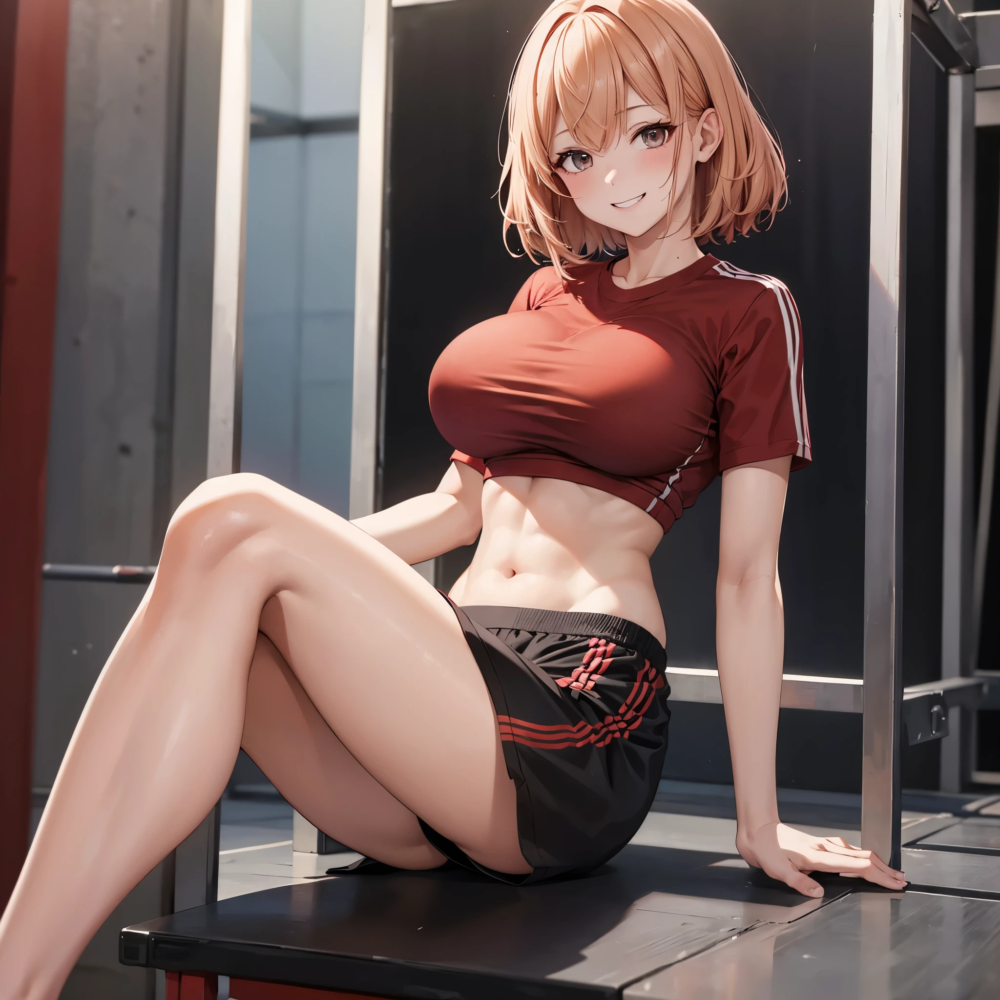 a woman wearing a gym uniform, red shirt with exported abs, black sports shorts, sports shoes, short blonde hair with red bangs, brown eyes, big breasts, smiling, in a gym working out,HDR, ultra resolution, very detailed, masterpiece, ultra quality, 4K HD. (solo, just one woman)
