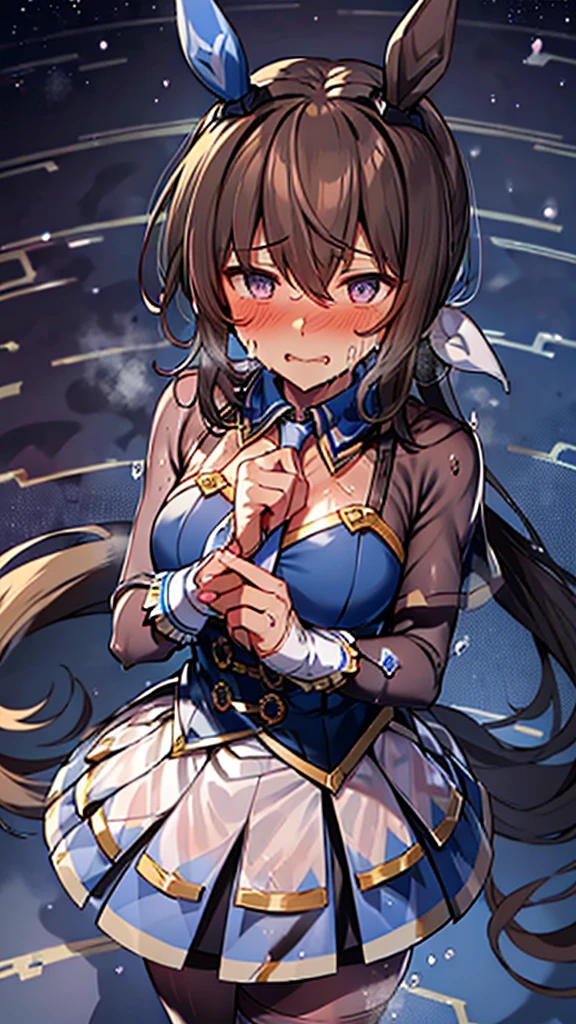 hair ornament, white dress, blue bowtie, cleavage cutout, blue ribbon, arm ribbon, short dress, white gloves, (masterpiece:1.3), (High resolution), (8K), (very detailed), (4k), (pixiv), perfect face, beautiful eyes and face, (最high quality), (Super detailed), detailed face and eyes, black pantyhose,pubic hair,黄色いPeeを漏らす裸の***,1 girl,alone,spread your legs, embarrassing, blush,黄色いPee, (sweating:1.4),spread your legs,1 girl, (alone), rough skin, confused, High resolution, use_fast_no_frozen_style, use_fast_no_frozen_style, twin tails, very long hair, high quality, 1 girl, nude, Pee, squat, touch the vagina