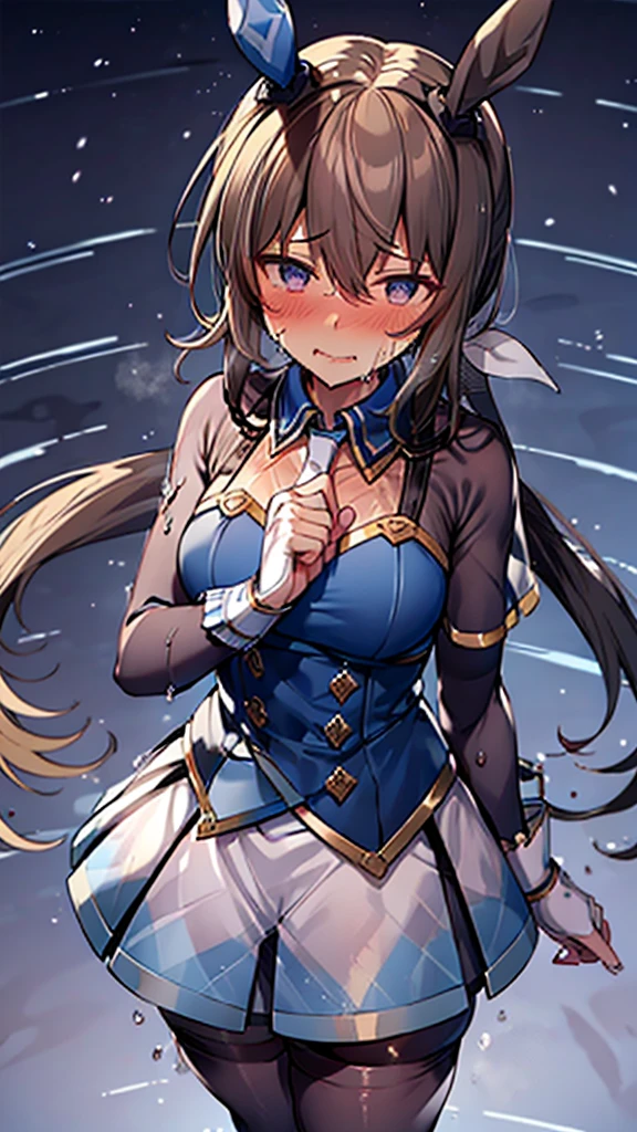 hair ornament, white dress, blue bowtie, cleavage cutout, blue ribbon, arm ribbon, short dress, white gloves, (masterpiece:1.3), (High resolution), (8K), (very detailed), (4k), (pixiv), perfect face, beautiful eyes and face, (最high quality), (Super detailed), detailed face and eyes, black pantyhose,pubic hair,黄色いPeeを漏らす裸の***,1 girl,alone,spread your legs, embarrassing, blush,黄色いPee, (sweating:1.4),spread your legs,1 girl, (alone), rough skin, confused, High resolution, use_fast_no_frozen_style, use_fast_no_frozen_style, twin tails, very long hair, high quality, 1 girl, nude, Pee, squat, touch the vagina