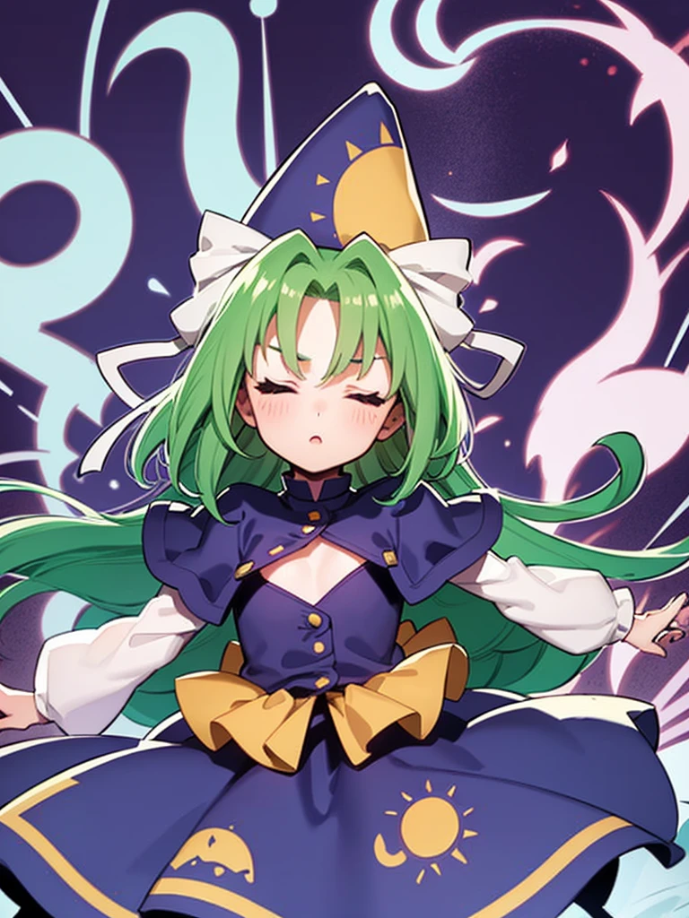 masterpiece, best quality, 1 girl, , , , blue hat with a yellow sun pattern, long green hair, blue cape, blue cloak, blue clothes, white long sleeves, yellow ribbon, from behind, to lift up one’s skirt, cowboy shot, from front, standing , raise one leg, crossed arms, arms up behind, arms behind back, hand between legs, put hands hip, one hand on hip, forward hands, arms raised in the air, punch hands, peace_sign, waving, put up index finger, sit, lie down, closed eyes, lie face down, looking back, put one hand chest, leaning forward,cleavage,close up, horizontally outstretched arms, horizontally outstretched legs, front view, front face