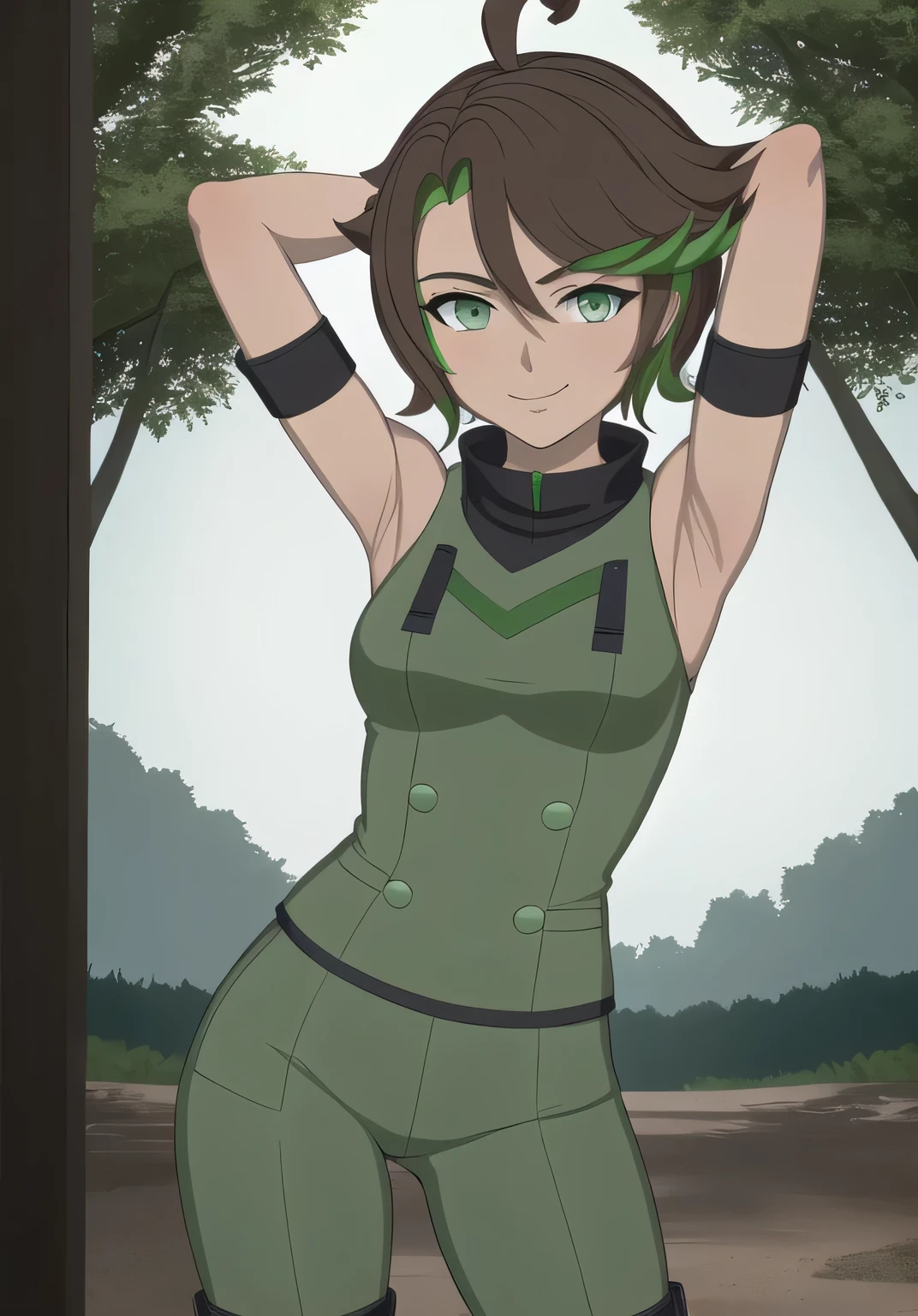 masterpiece, best quality, (Jessica_Cruz_rwby), (green eyes),  (1girl), (green eyes), solo, night sky, forest, arms behind head, contrapposto, spread armpits, closed mouth, looking at viewer, dynamic pose, smile, cowboy shot,