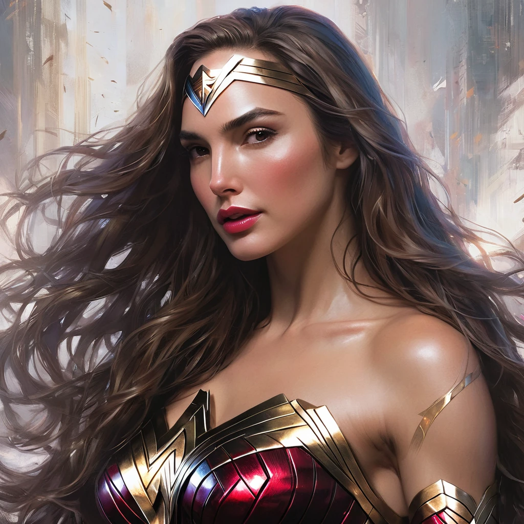 a woman with long hair wearing a wonder costume, sexy painting of gal gadot, hybrid of gal gadot, stephen lau and artgerm, as seen on artgerm, artgerm julie bell beeple, stanley artgerm lau, artgerm and ben lo, portrait of wonder woman, artgerm on artstation pixiv