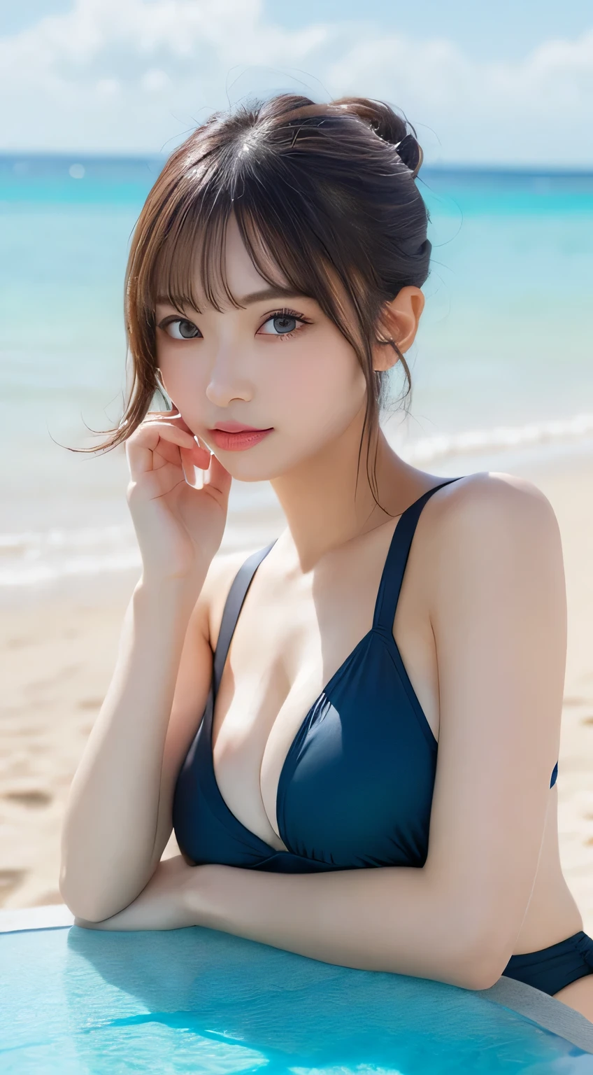 table top, highest quality, figure, Super detailed, finely, High resolution, 8k wallpaper, Perfect dynamic composition figure, detailed and beautiful eyes, swimsuit, random cute hairstyles, medium breasts, natural color lip,beach, random cute poses,