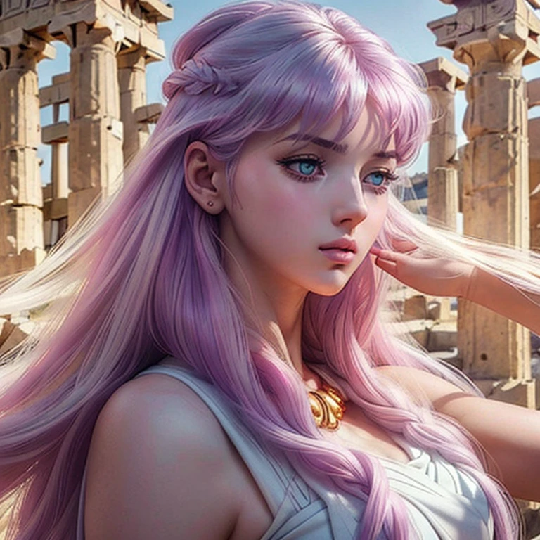 Masterpiece, a beautiful 18 years old hot girl with lilac hair in her palace, long wavy strawberry lilac hair, bangs over the forehead, eyes light grey-blue, (wearing an ancient greek doric tunic, wearing a Strophion, wearing a Peplos, wearing a full set of ancient greek jewelry:1.3), slender hot body, 1girl, purity, pale skin pores texture, ultra high quality, 4k, anime cinematic, ultra quality, natural lighting, depth of field, realistic anime, wrinkled skin, pale skin, sharp, anatomically and proportional full body shot, looking sensually at viewer, noble, chapped lips, soft natural lighting