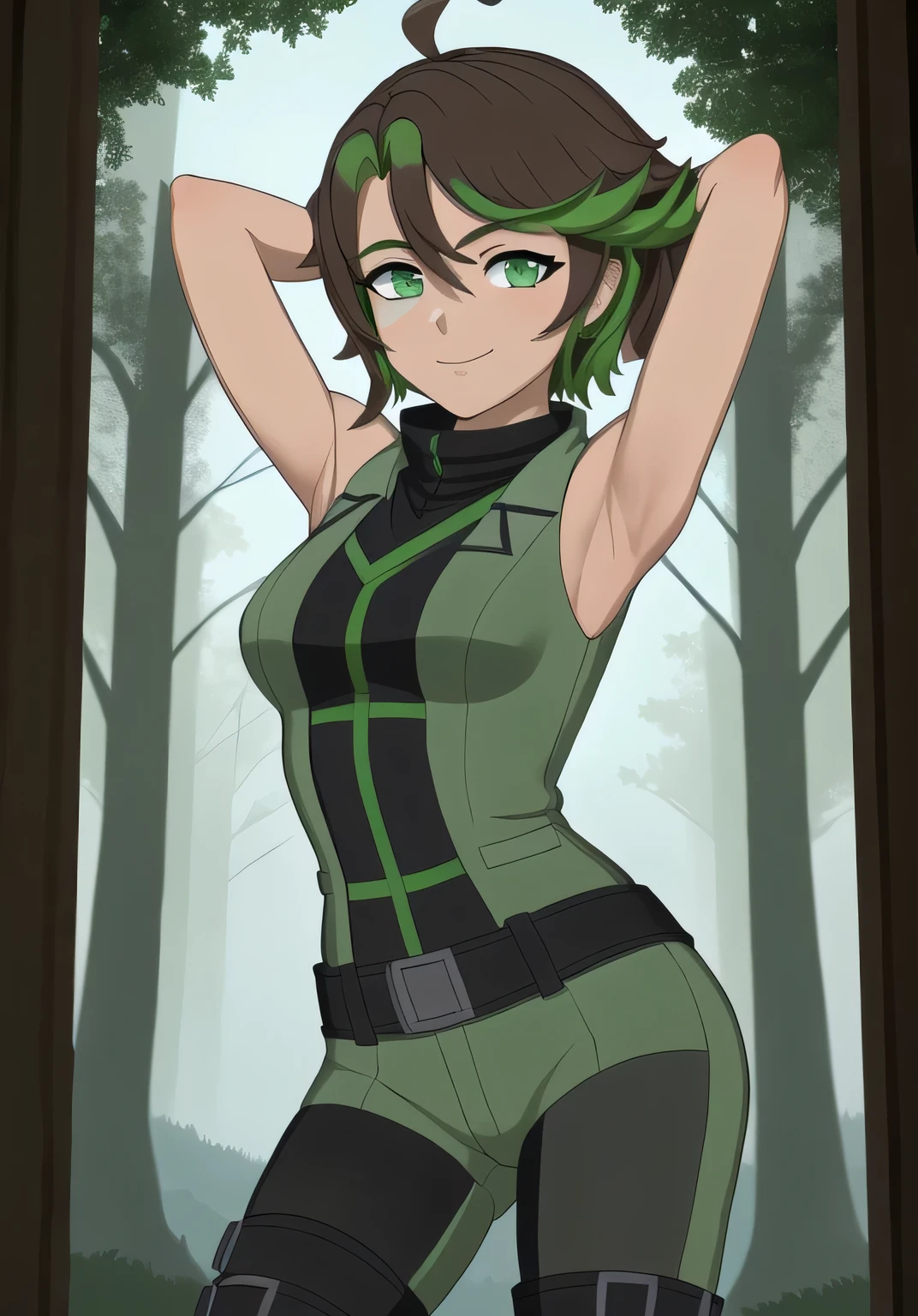 masterpiece, best quality, (Jessica_Cruz_rwby), (green eyes),  (1girl), (green eyes), solo, night sky, forest, arms behind head, contrapposto, spread armpits, closed mouth, looking at viewer, dynamic pose, smile, cowboy shot,