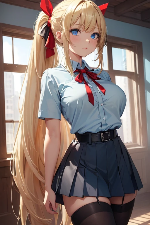 Bully student approaches me with a perverse face as I am a nerd, wearing short skirt, blonde hair, blue eyes, small firm breasts, long sexy legs, bad girl. very tall girl, photo from the floor her, bully, anger face