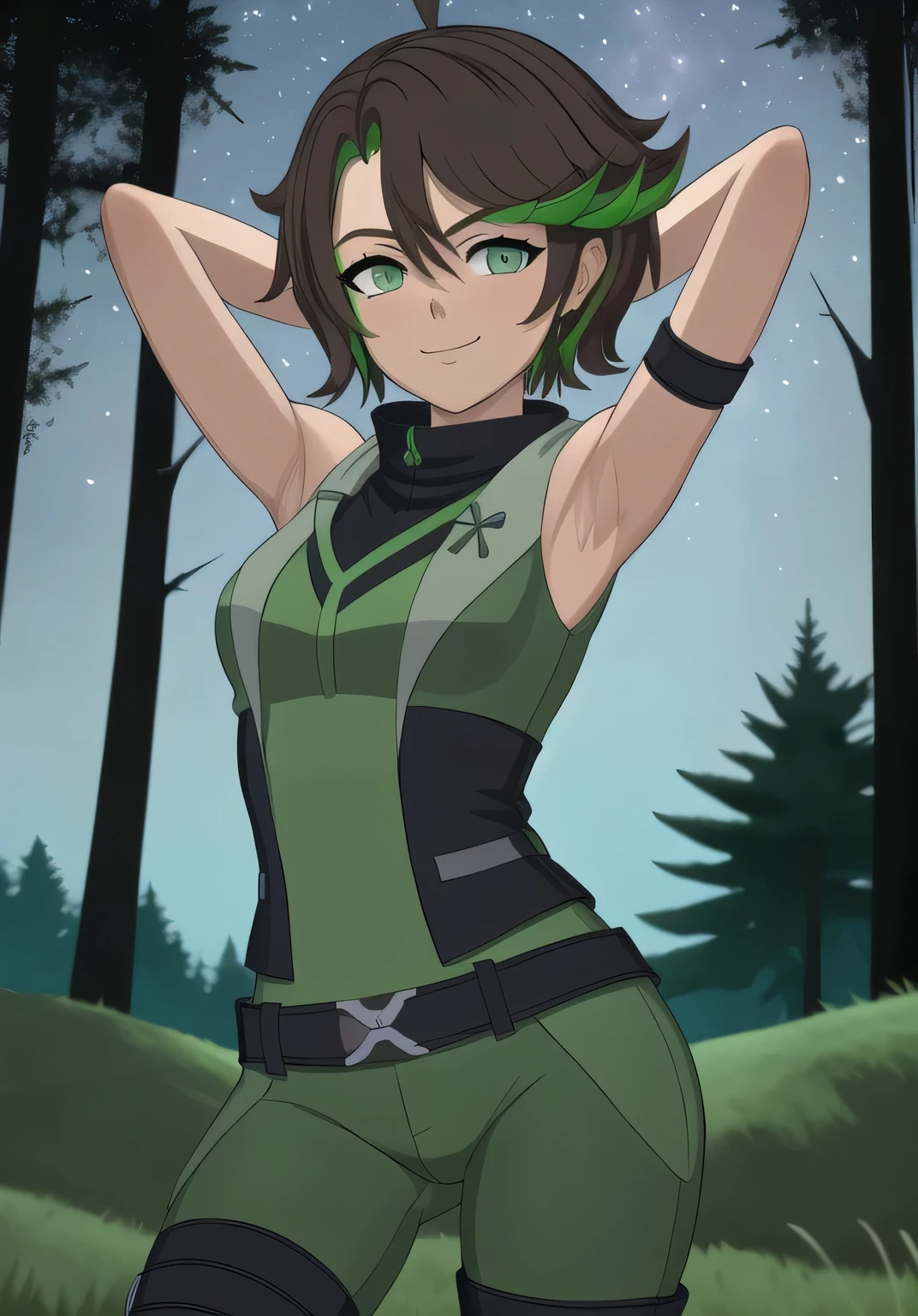 masterpiece, best quality, (Jessica_Cruz_rwby), (green eyes),  (1girl), (green eyes), solo, night sky, forest, arms behind head, contrapposto, spread armpits, closed mouth, looking at viewer, dynamic pose, smile, cowboy shot,