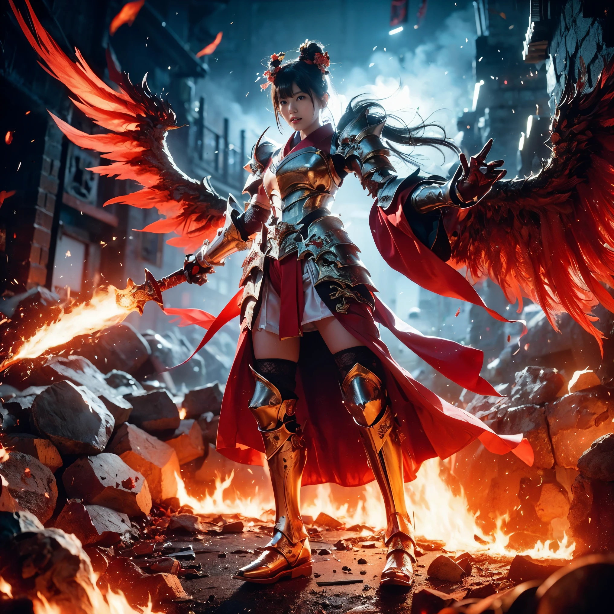 (((Realistic, masterpiece, best quality, crisp detail, high definition, high detail, very rich detail, sharp focus, sharp detail, colorful, rich color, perfect studio lightning))), ((20 years old, six armed japanese goddess of fire, kasumi arimura)) in the molten lava flood, wearing (((beautiful decorated golden heavy armor, phoenix armor, phoenix pinions, decorated full body armor, fully armored beautiful kimono, wide phoenix fire wings, blue aura))), (flying, floating, offensive stance, hands of fire, fire swords, blood scattered face, blood tears, blood bath, blood shed), (((blood, death, japan bakumatsu period, dead bodies, burned japanese castle, catastrophe, exploding volcano, meteor shower, molten lava, flood)) background), shot from below