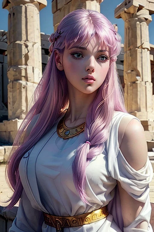 Masterpiece, a beautiful 18 years old hot girl with lilac hair in her palace, long wavy strawberry lilac hair, bangs over the forehead, eyes light grey-blue, (wearing an ancient greek doric tunic, wearing a Strophion, wearing a Peplos, wearing a full set of ancient greek jewelry:1.3), slender hot body, 1girl, purity, pale skin pores texture, ultra high quality, 4k, anime cinematic, ultra quality, natural lighting, depth of field, realistic anime, wrinkled skin, pale skin, sharp, anatomically and proportional full body shot, looking sensually at viewer, noble, chapped lips, soft natural lighting