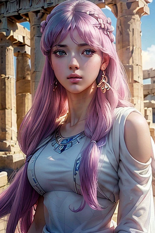 Masterpiece, a beautiful 18 years old hot girl with lilac hair in her palace, long wavy strawberry lilac hair, bangs over the forehead, eyes light grey-blue, (wearing an ancient greek doric tunic, wearing a Strophion, wearing a Peplos, wearing a full set of ancient greek jewelry:1.3), slender hot body, 1girl, purity, pale skin pores texture, ultra high quality, 4k, anime cinematic, ultra quality, natural lighting, depth of field, realistic anime, wrinkled skin, pale skin, sharp, anatomically and proportional full body shot, looking sensually at viewer, noble, chapped lips, soft natural lighting