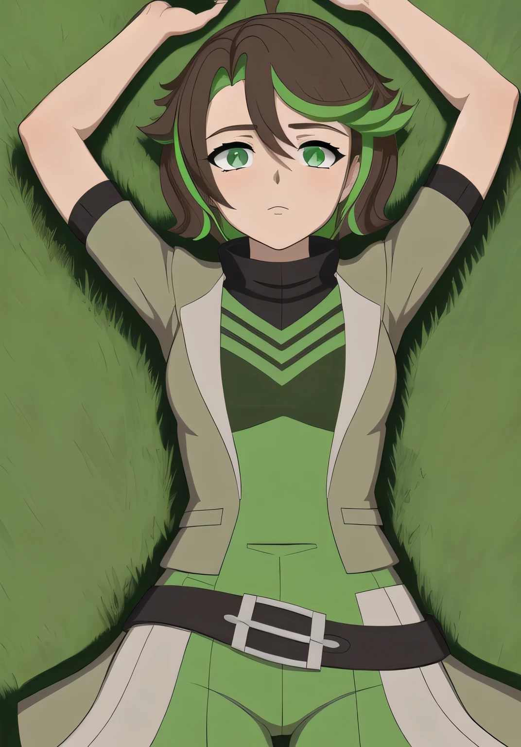 masterpiece, best quality, (Jessica_Cruz_rwby), (green eyes), (1girl), (green eyes), solo, spread arms, lying, on back, on grass, arms up, looking at viewer, solo, in the center, cowboy shot, high quality,