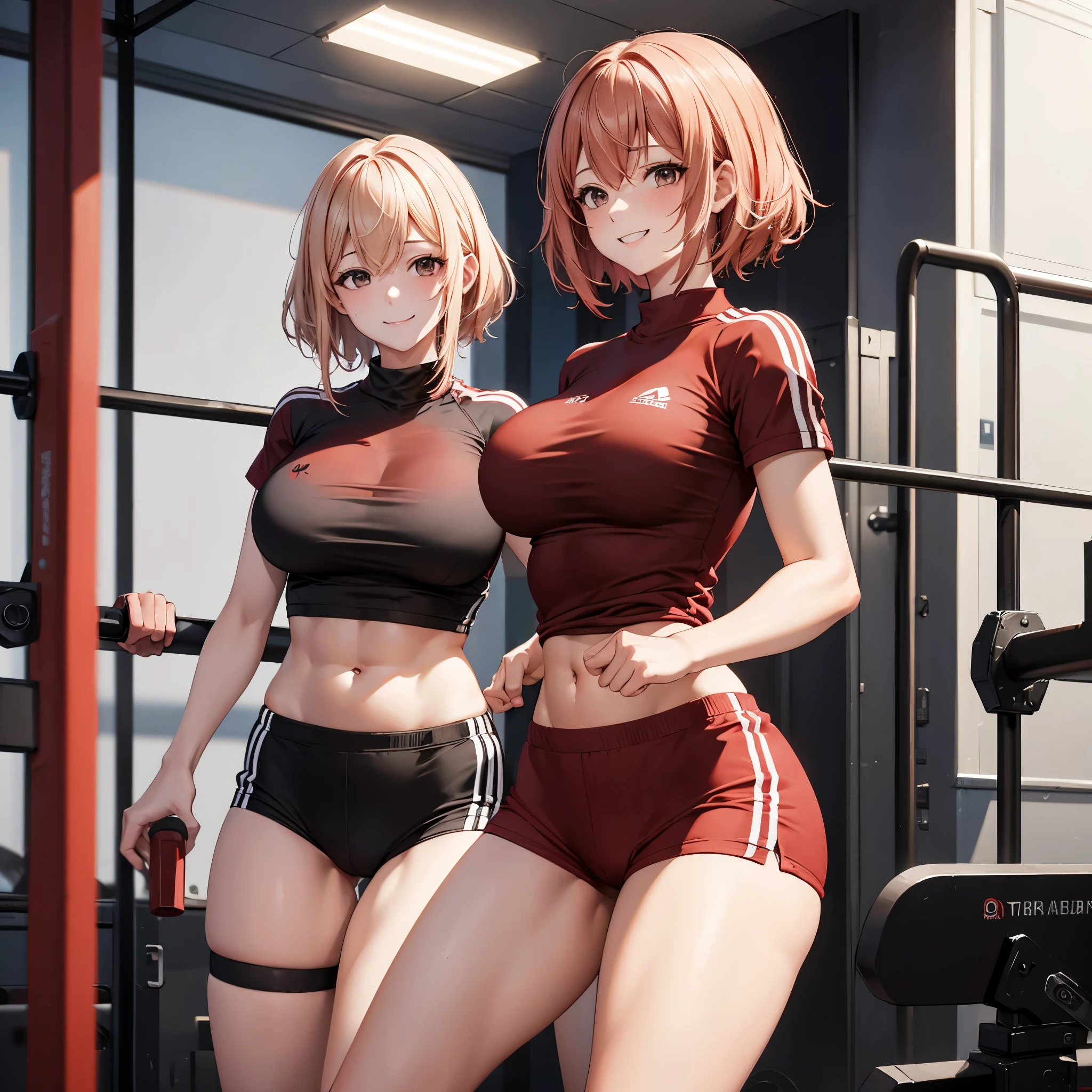 a woman wearing a gym uniform, red shirt with exported abs, black sports shorts, sports shoes, short blonde hair with red bangs, brown eyes, big breasts, smiling, in a gym working out,HDR, ultra resolution, very detailed, masterpiece, ultra quality, 4K HD. (solo, just one woman)
