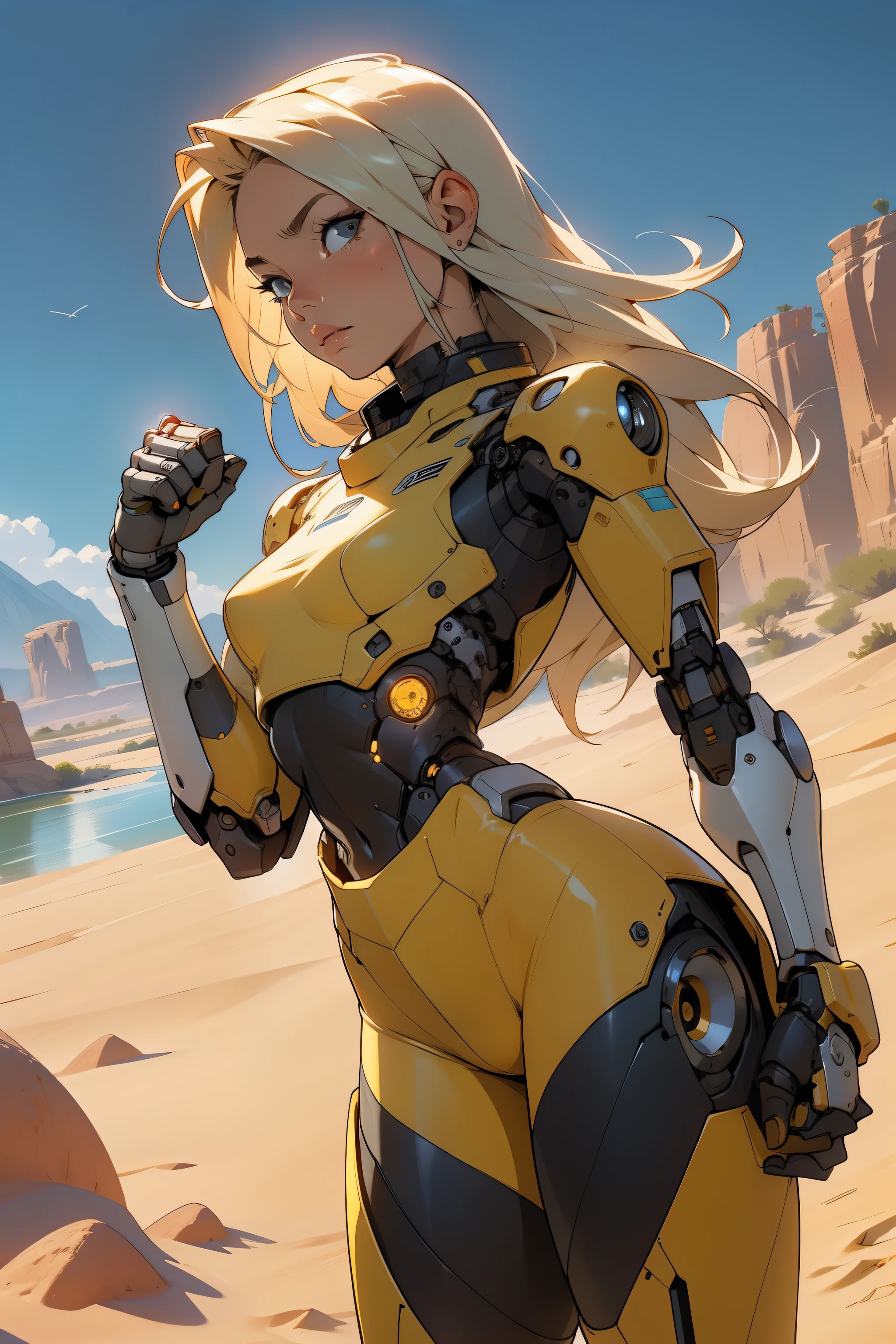 high quality, 4k, masterpiece, beautiful, cyborg girl, cowboy shot, dull eyes, front, looking at viewer, long blonde hair, girl, small breasts, fit thighs, robotic arms, robotic body, cyborg body, yellow uniform, red accent, intricate detail, joint, detailed lines, robotic detail, holding fist up, holding hand up as fist, color robotic parts, robotic parts with color, perfect fingers, on a desert planet, sunny background, colorful desert, a river or a lake in the background