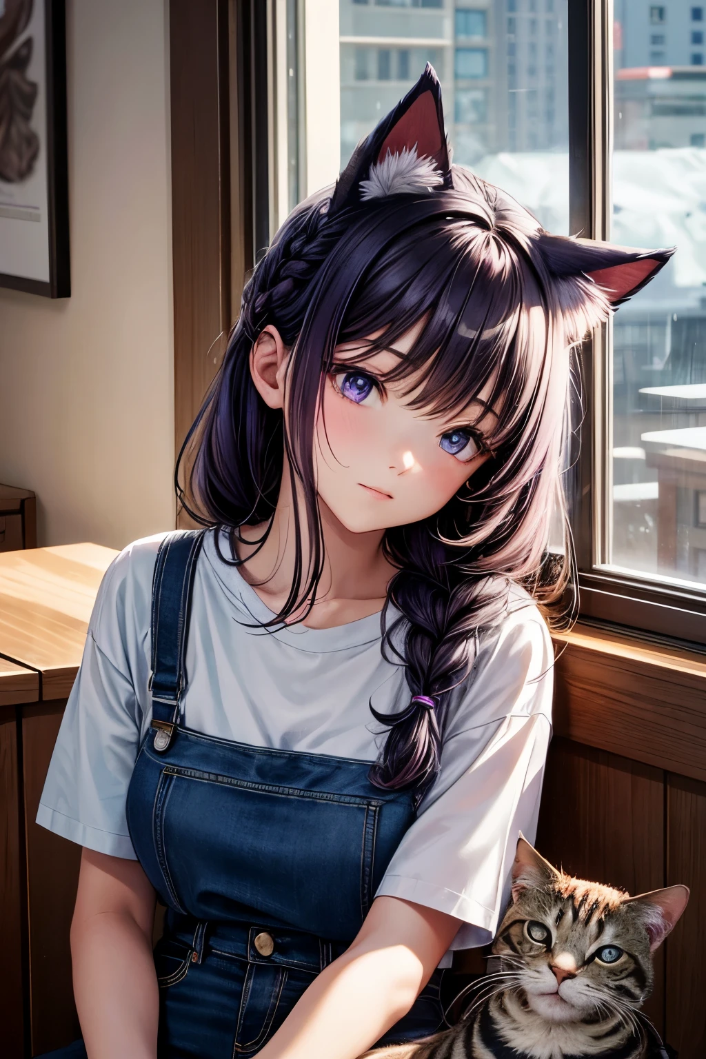 Top quality, high resolution, perfect human structure, background focus, , 3 years old, sleeping, purple hair from front, glowing hair, cat ears, window, rain outside, french braid, crazy eyes, shirt, jeans, night sky