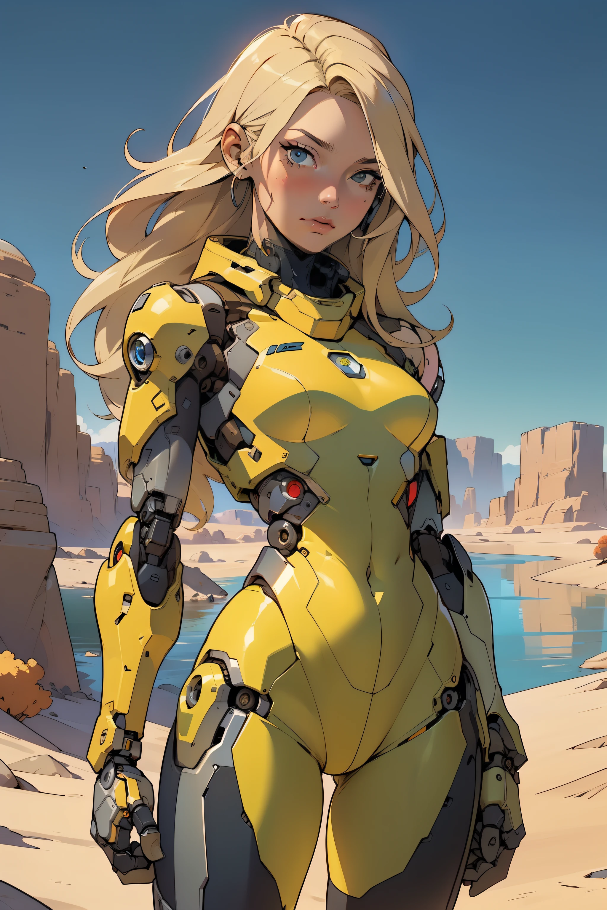high quality, 4k, masterpiece, beautiful, cyborg girl, cowboy shot, dull eyes, front, looking at viewer, long blonde hair, girl, small breasts, fit thighs, robotic arms, robotic body, cyborg body, yellow uniform, red accent, intricate detail, joint, detailed lines, robotic detail, holding fist up, holding hand up as fist, color robotic parts, robotic parts with color, perfect fingers, on a desert planet, sunny background, colorful desert, a river or a lake in the background