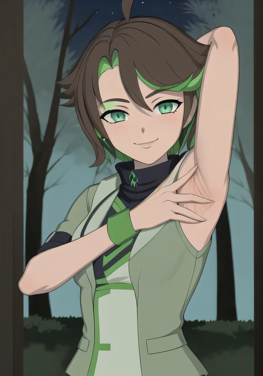 masterpiece, best quality, (Jessica_Cruz_rwby), (green eyes),  (1girl), (green eyes), solo, night sky, forest, arms behind head, contrapposto, spread armpits, closed mouth, looking at viewer, dynamic pose, smile, upper body,