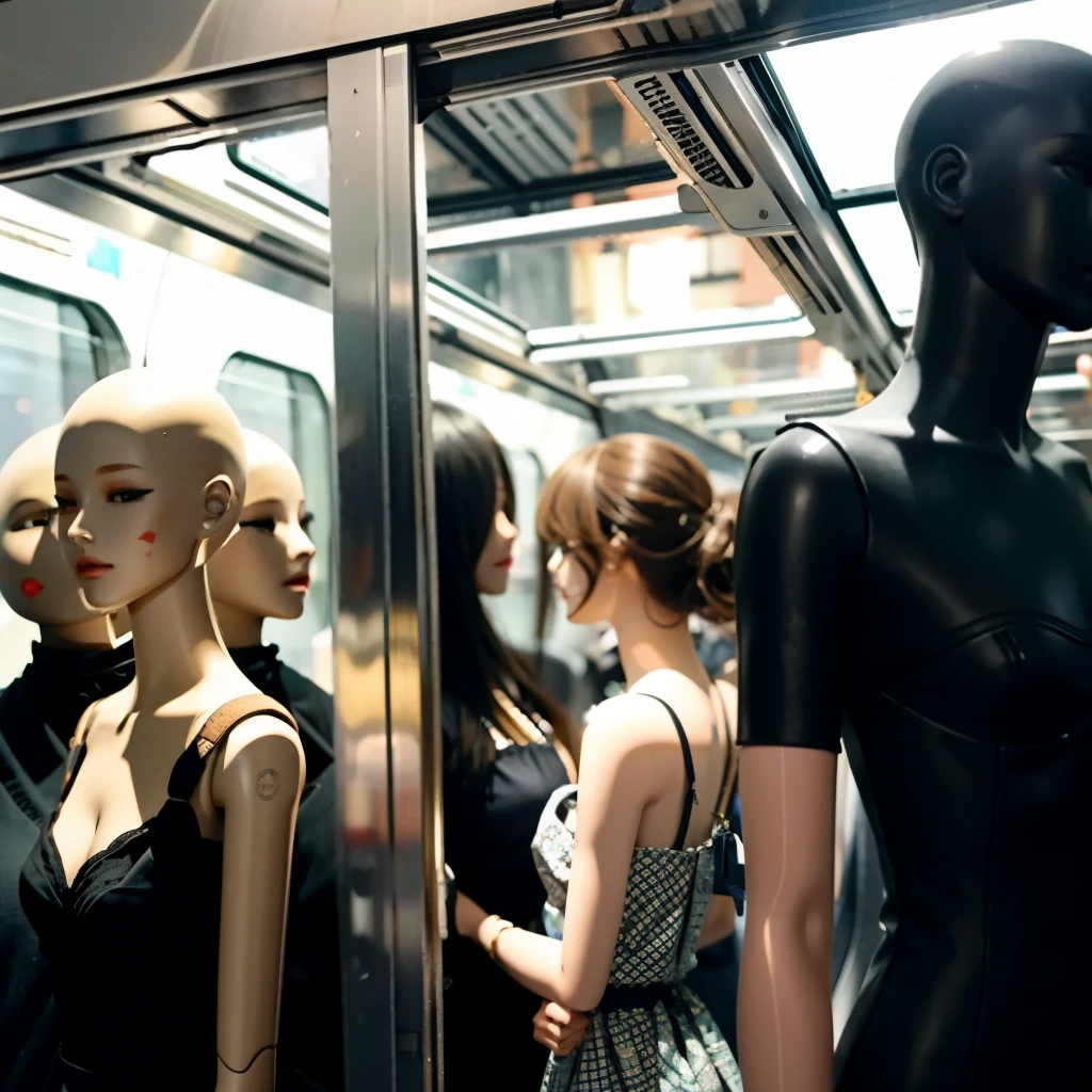 A train full of crowded mannequins、(There are many mannequins without wigs.)、sfw、All mannequins are standing、Mannequins are standing without gaps、Crowding where dolls are in close contact with each other、