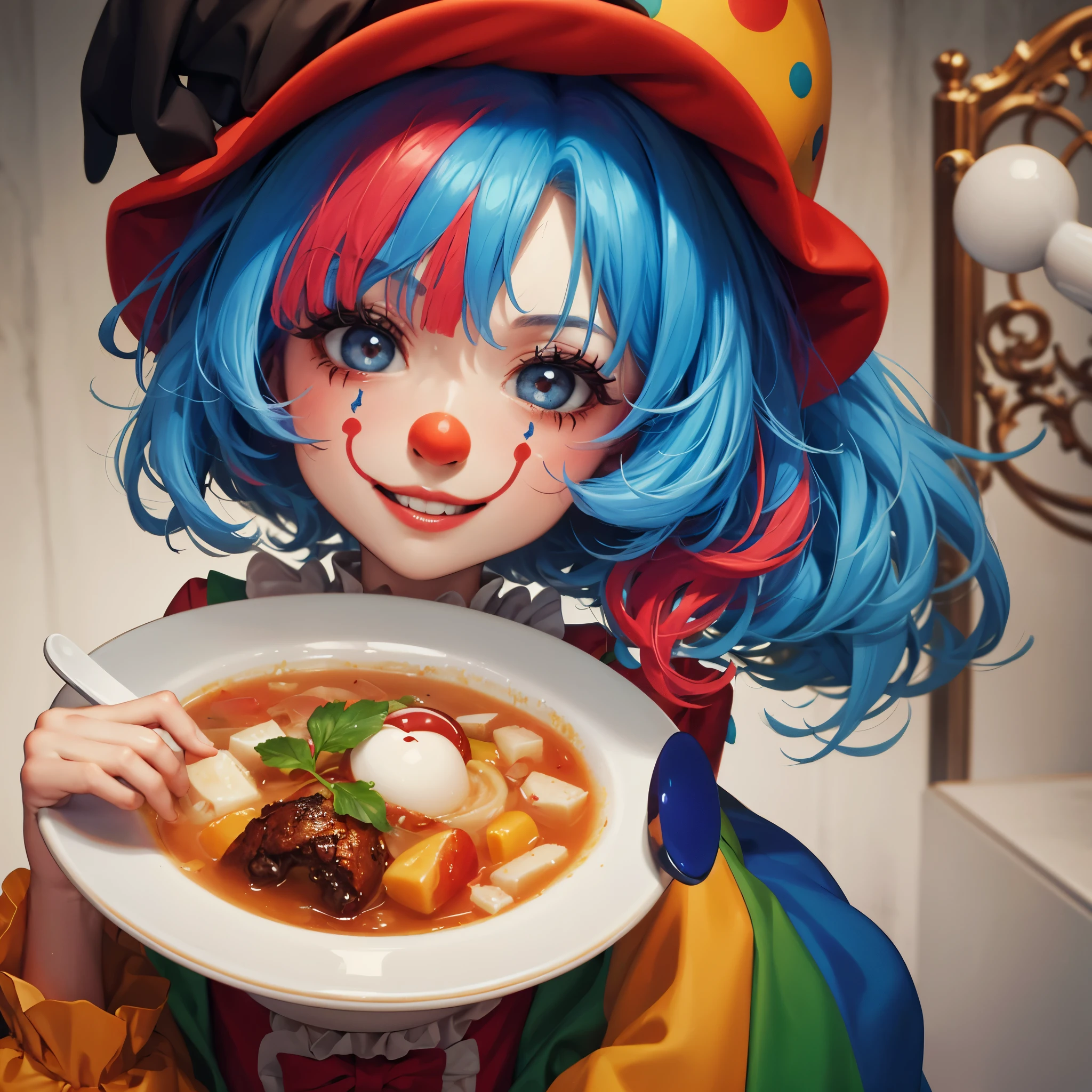 Clown in soup, (clown face in soup), soup and clown, clown soup, clown in soup